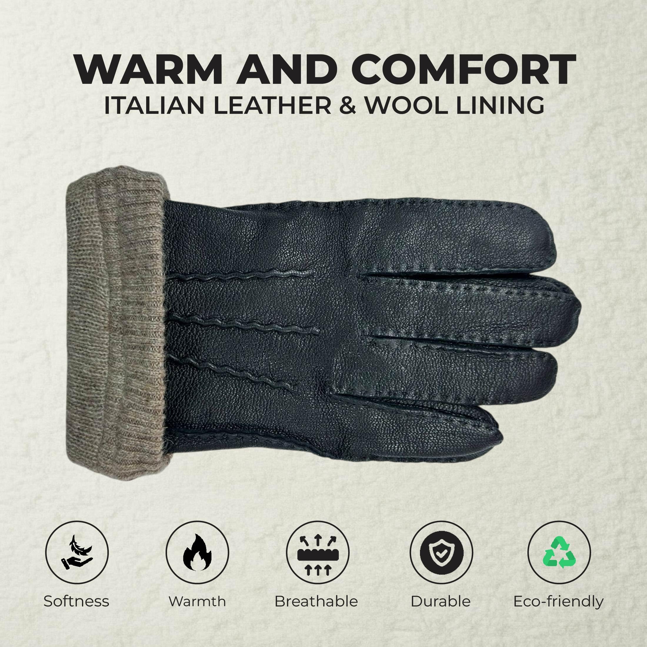 Infinity Leather Guantes de Invierno de Piel Italiana Hombre: Forro de Lana Cálido, Compatibles con Pantallas Táctiles, Resistentes al Agua, Para Conducir y Montar a Caballo.