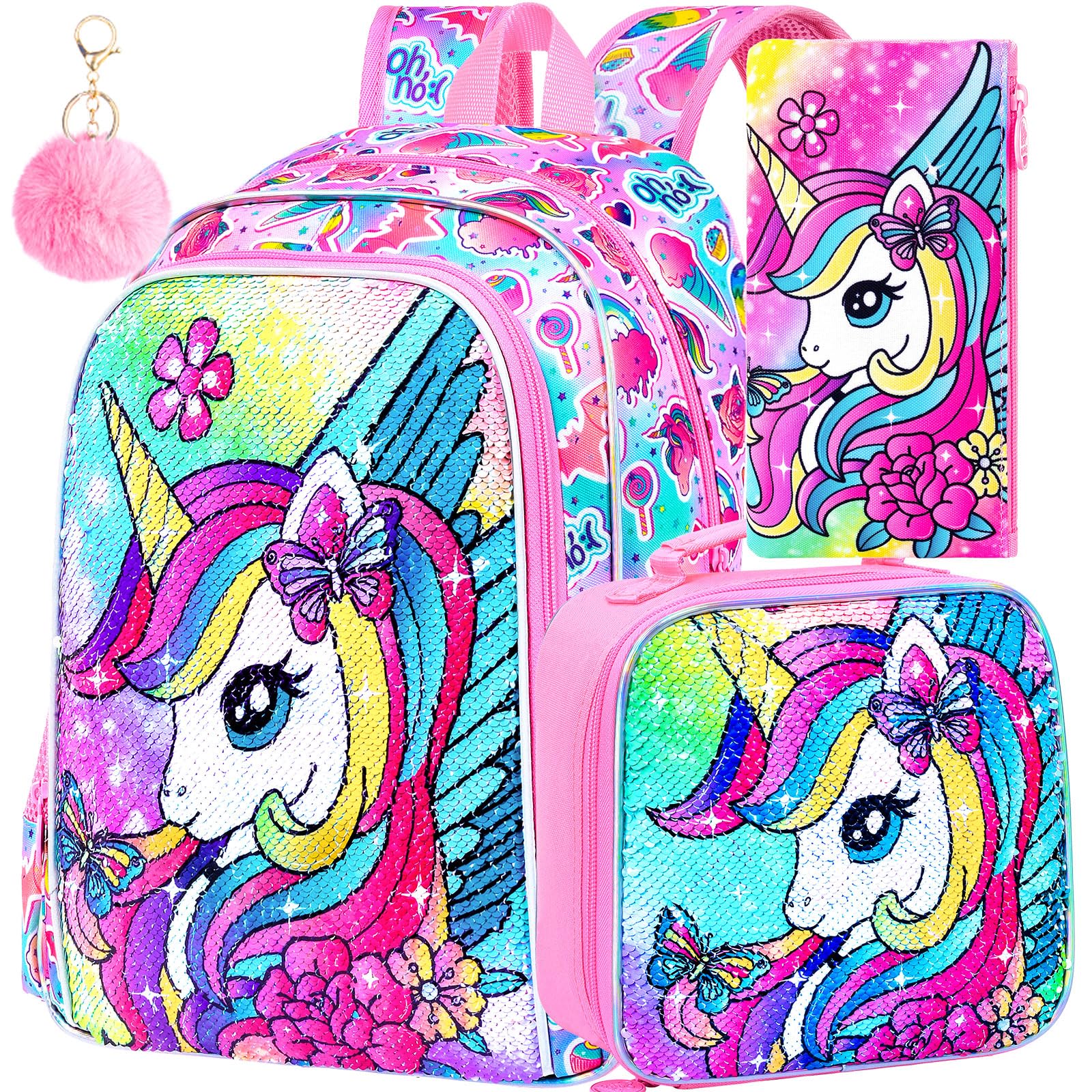 FTJCF 3PCS Unicorn Backpack for Girls, 16" Kids Bookbag with Lunch Box，Sequins School Bags for Elementary Preschool Kindergarten (Pink)