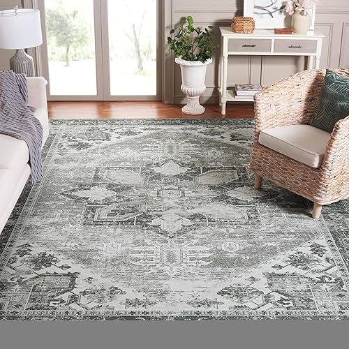 Vista 37 de SAFAVIEH Alfombra lavable Tucson Collection - 5 x 8 pies, salvia y marfil, antideslizante y fácil de limpiar, ideal para sala de estar, dormitorio