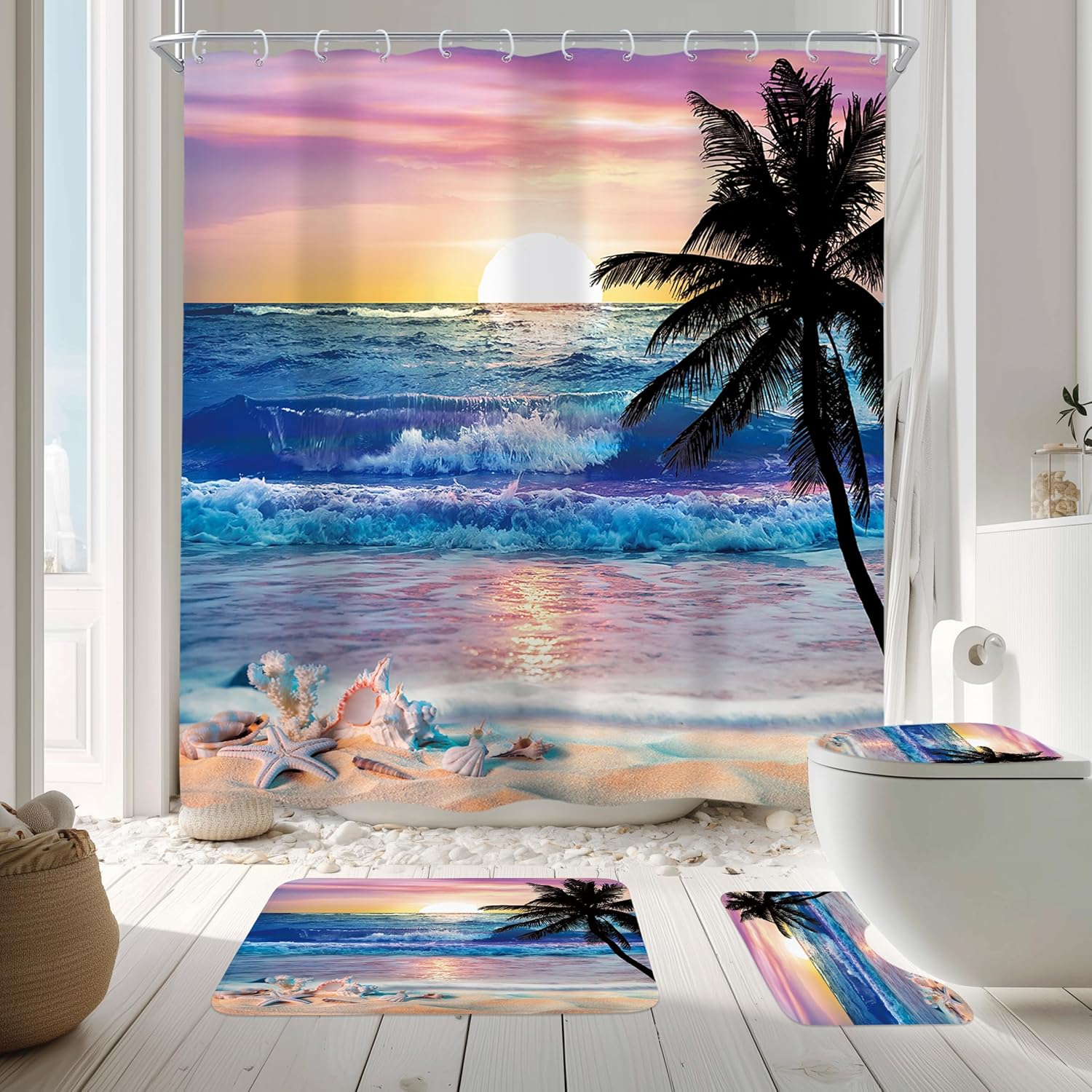 Newsely 4Pcs Ocean Sunrise Shower Curtain Set with Non-Slip Rugs, Toilet Lid Cover and Bath Mat, Beach Tropical Palm Tree Hawaiian Shower Curtain with 12 Hooks, Summer Bath Curtain for Bathroom Decor