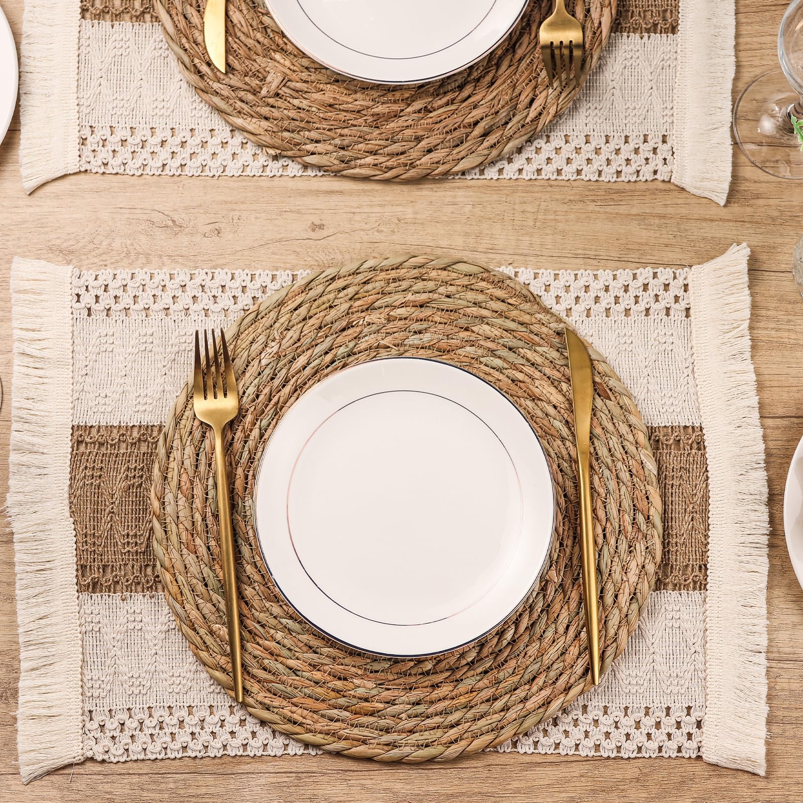 Juego de 4 manteles individuales bohemios hechos a mano para cocina, mesa de comedor, centro de mesa, decoración de centro de mesa, arpillera de algodón natural y paja de agua (juego de 4 manteles