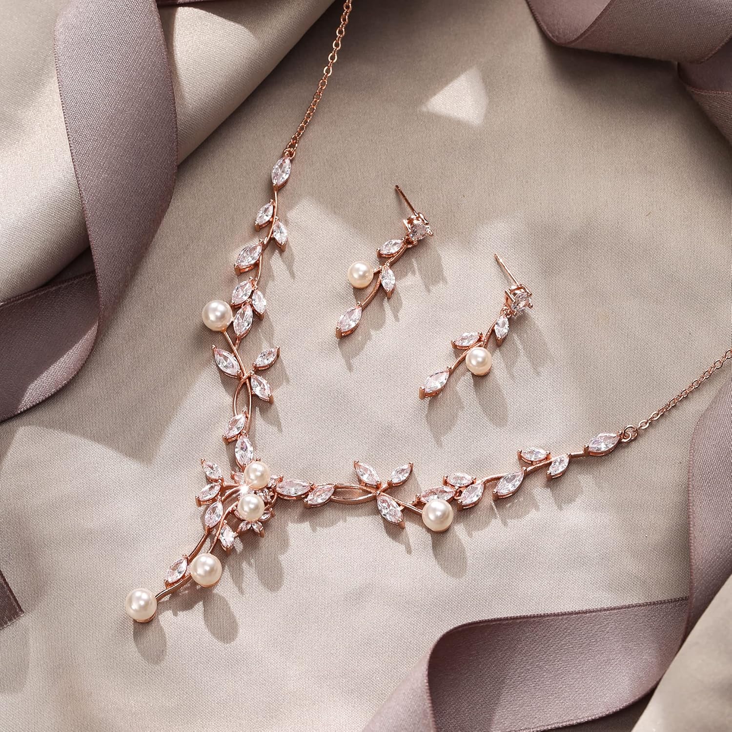 EVER FAITH Wedding Cubic Zirconia Jewelry Set for Women, Marquise White Simulated Pearl Floral Vine Necklace Earrings Sets