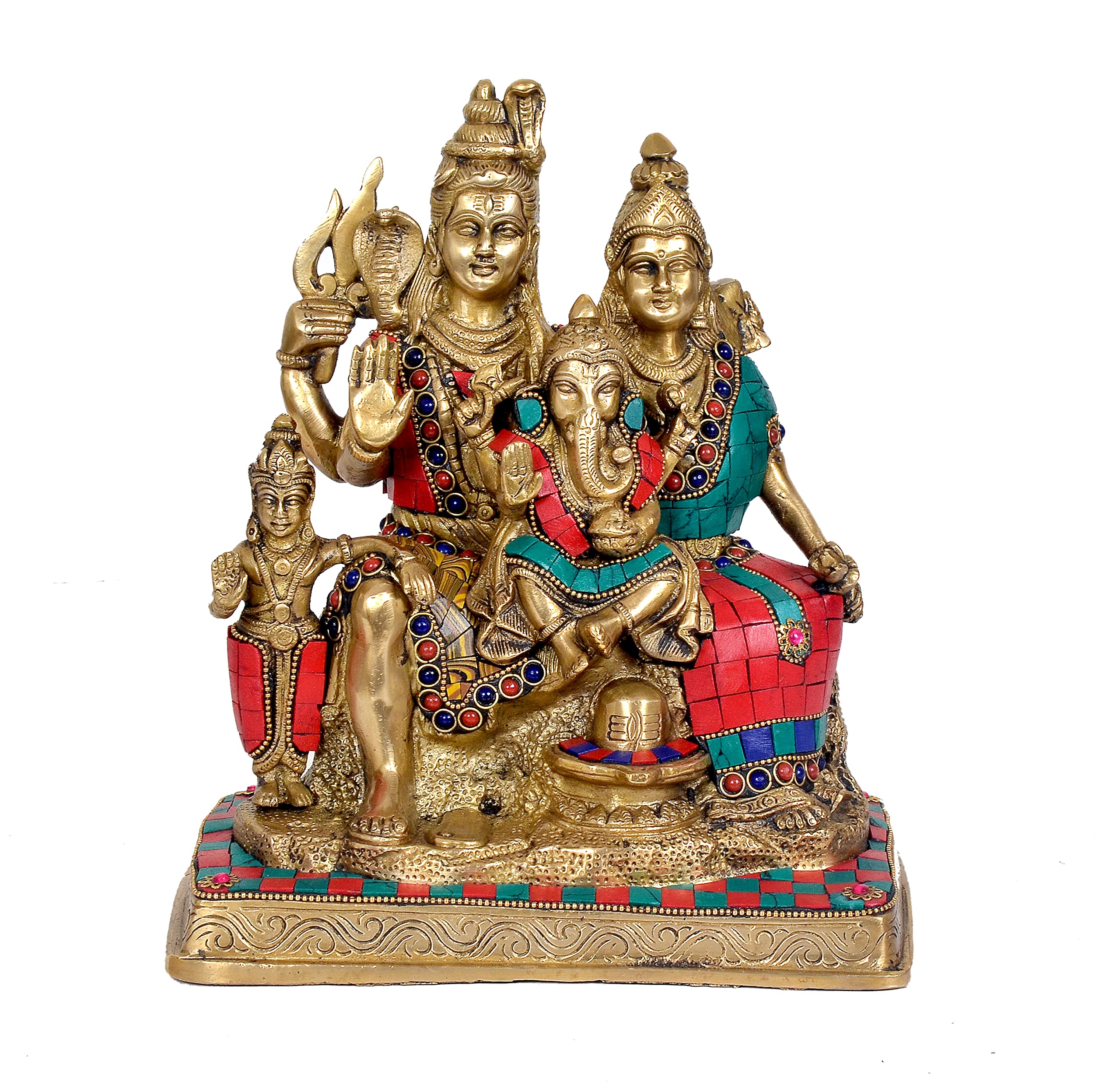 Brass Shiva Parvati Shiv Parivar Shankar Bhagwan Ganesh Family Murti Idol Statue Sculpture Multicolor Home Decor Height 10 Inches
