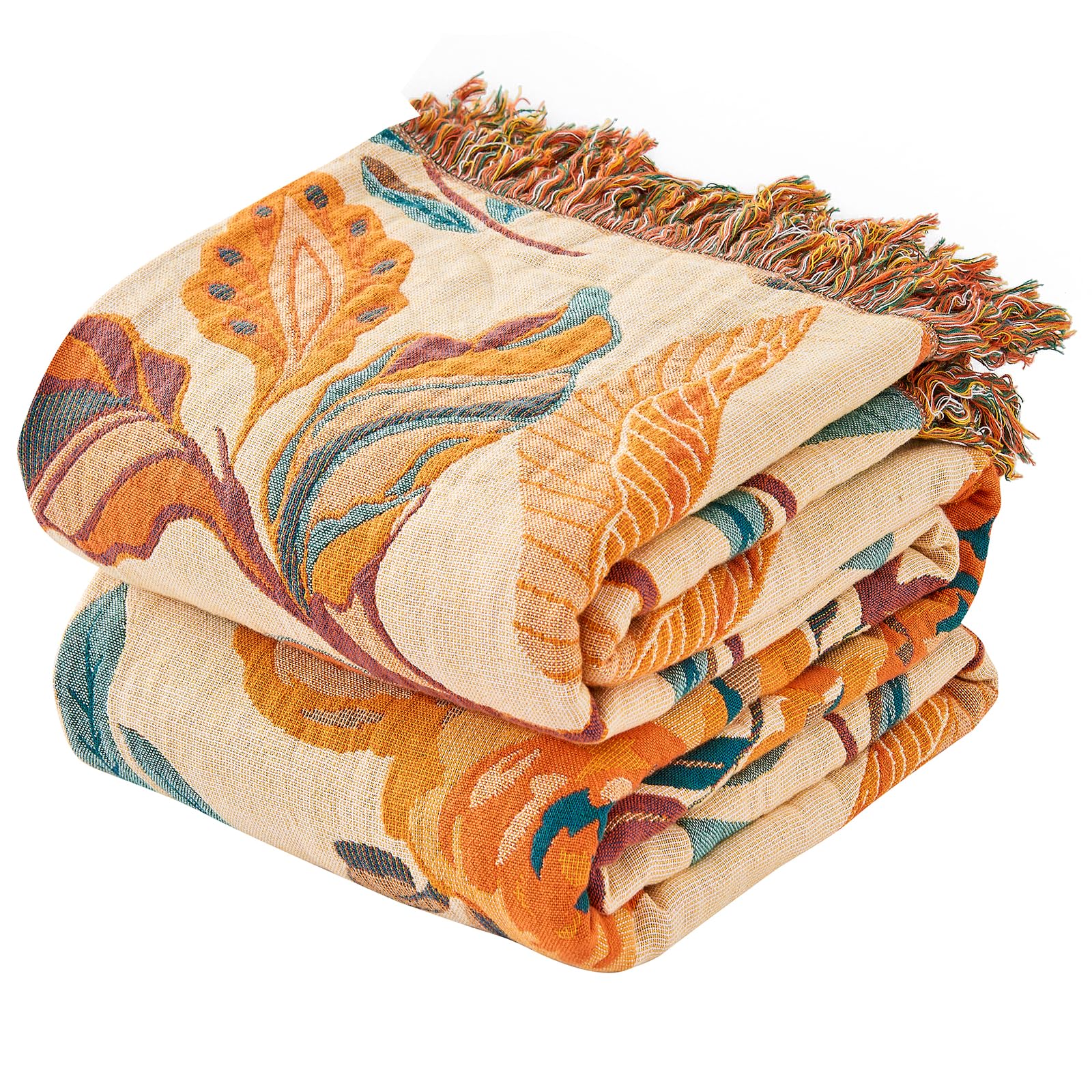 Movanne Boho Throw Blanket for Bed-100% Cotton Soft Breathable Farmhouse Decor Boho Quilt for Sofa (Flowers Tulips, 80"x90")