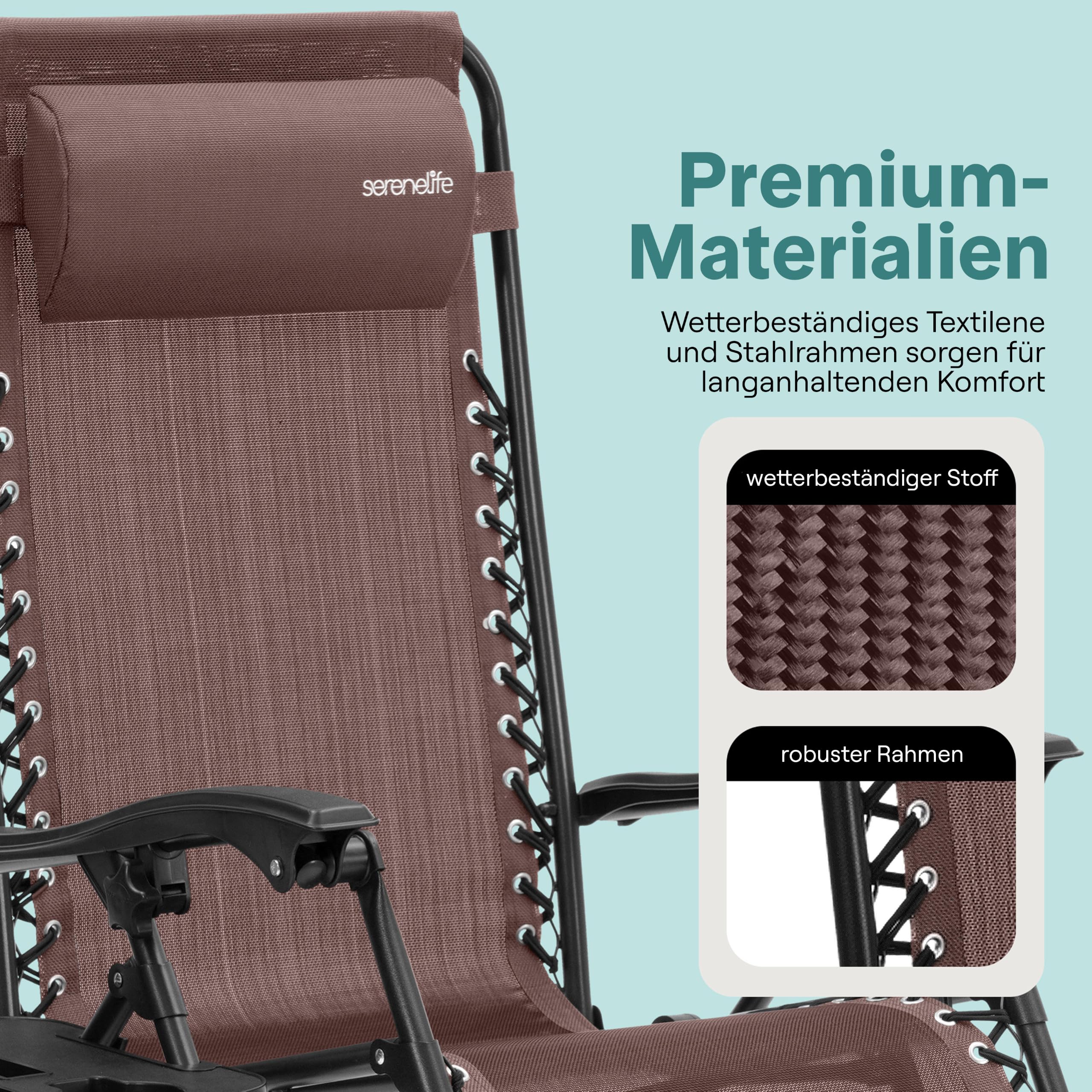 SereneLife Sonnenliege Klappbar 2er Set, Zero Gravity Liegestuhl Garten, bis 120 kg Braun, Verstellbar und Wetterfest, mit Tisch Getränkehalter und Kopfkissen, für Balkon Terrasse Camping Strand Relax