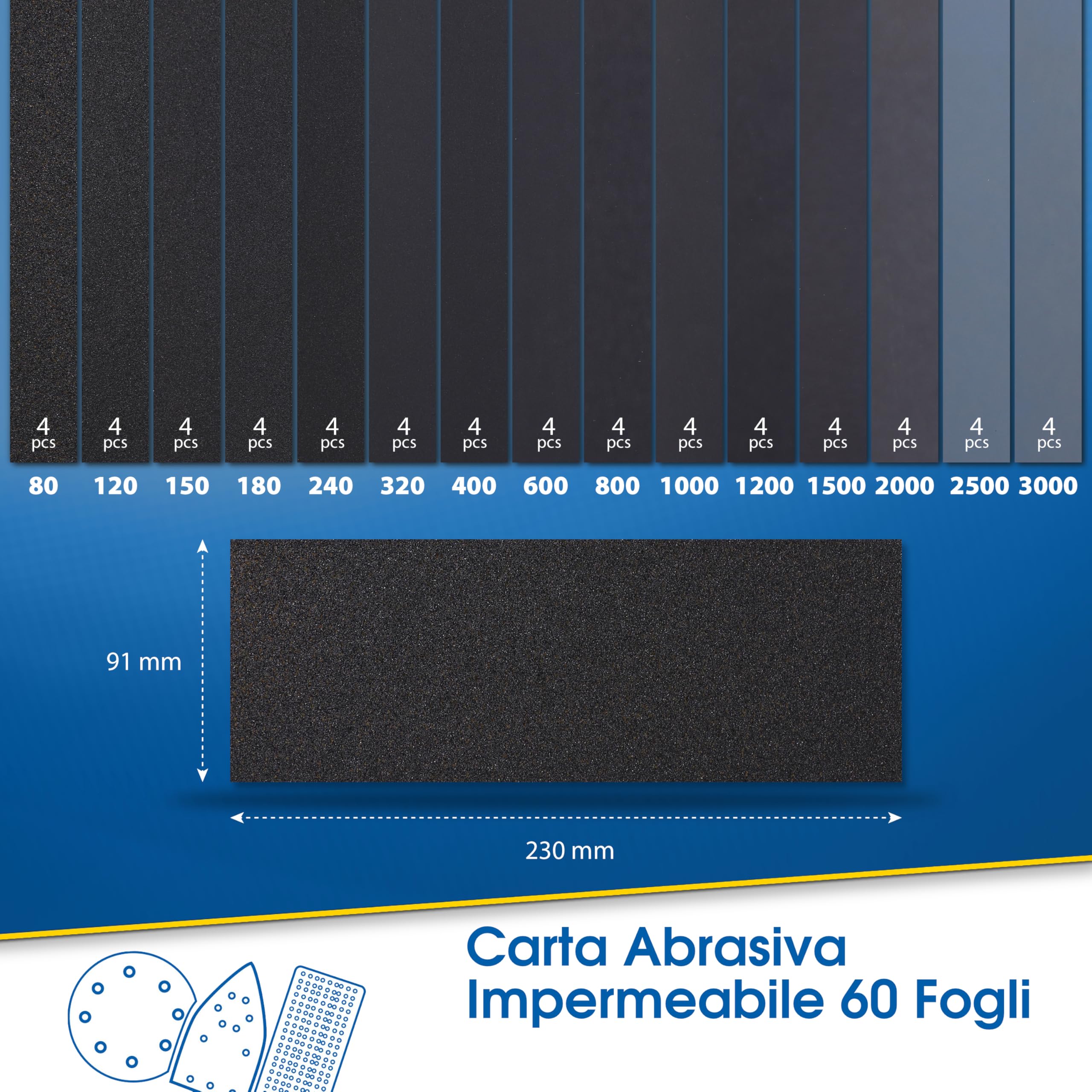 S&R 60 FOGLI Carta Vetrata Abrasiva Impermeabile x Carrozzeria Legno e Metalli 60pz. Grana: 80/120/ 150/180/ 240/320/ 400/600/ 800/1000/ 1200/1500/ 2000/2500/ 3000