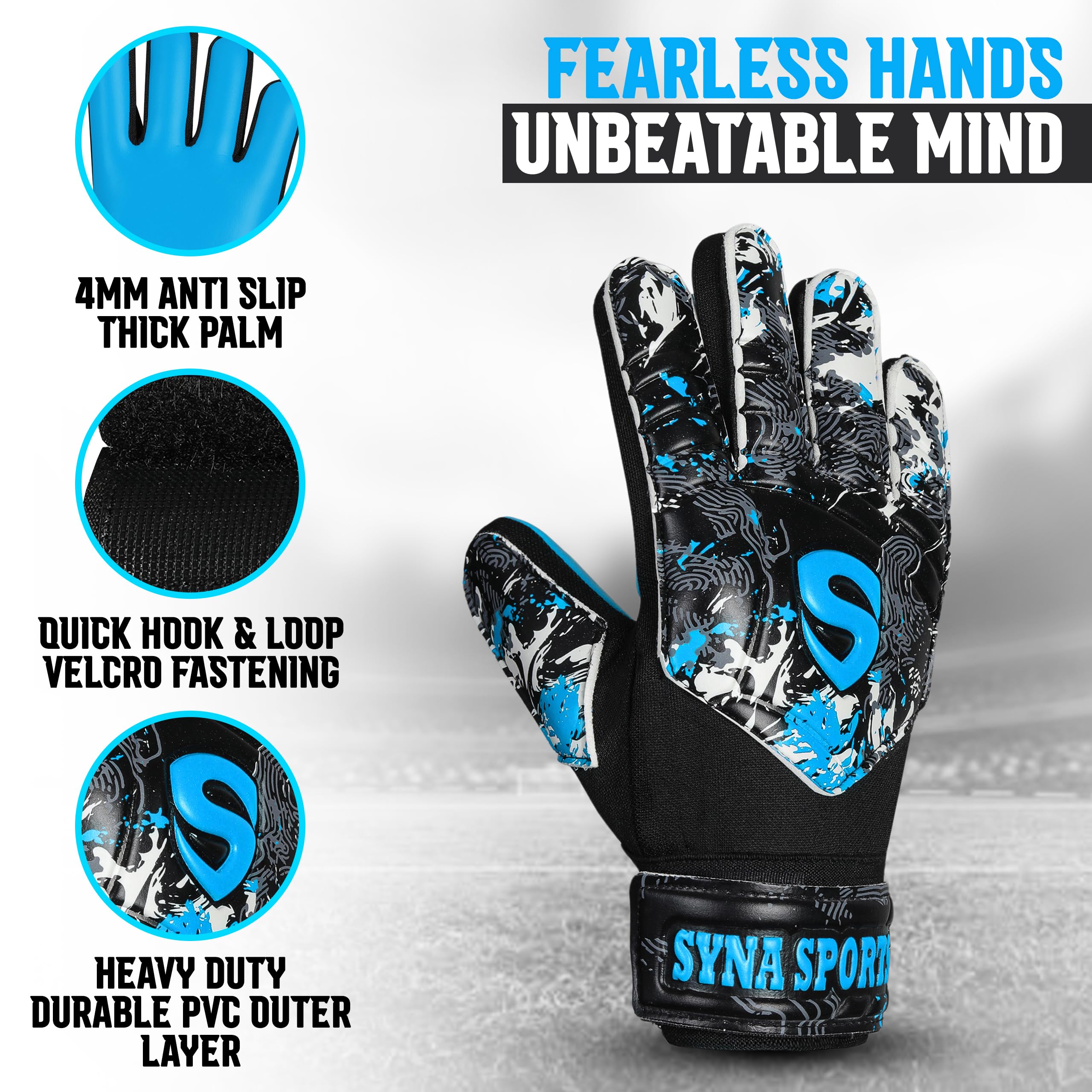 SYNA SPORTS Soccer Goalkeeper Gloves for Kids Boys Youth,Soccer Goalie Gloves 4MM Anti-Slip Latex Palm Double Wrist Support,All Weather Football Gloves (Cyan, 2)