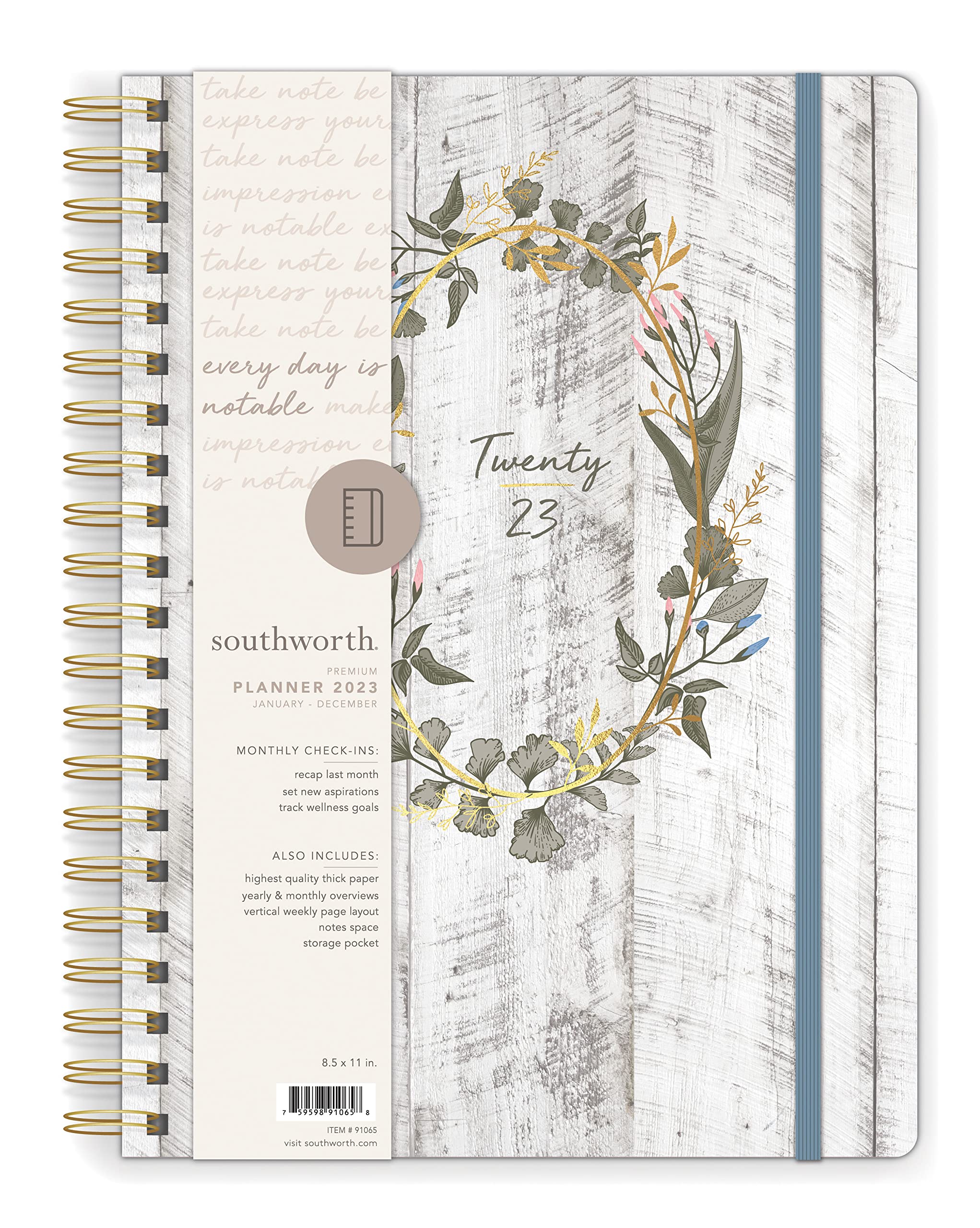 SouthworthPlanner (January 2023-December 2023), 8.5" x 11", Rustic Sage Oval Wreath, Premium 28#/105 gsm Paper, Large Twin Wire (91065)