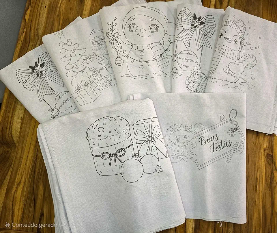 Pano de Prato Branco Riscado para Pintura e Bordado – Tecido de Algodão, Ideal para Personalização, Kit com 10 Unidades, Artesanato e Decoração de Cozinha (Natalino)