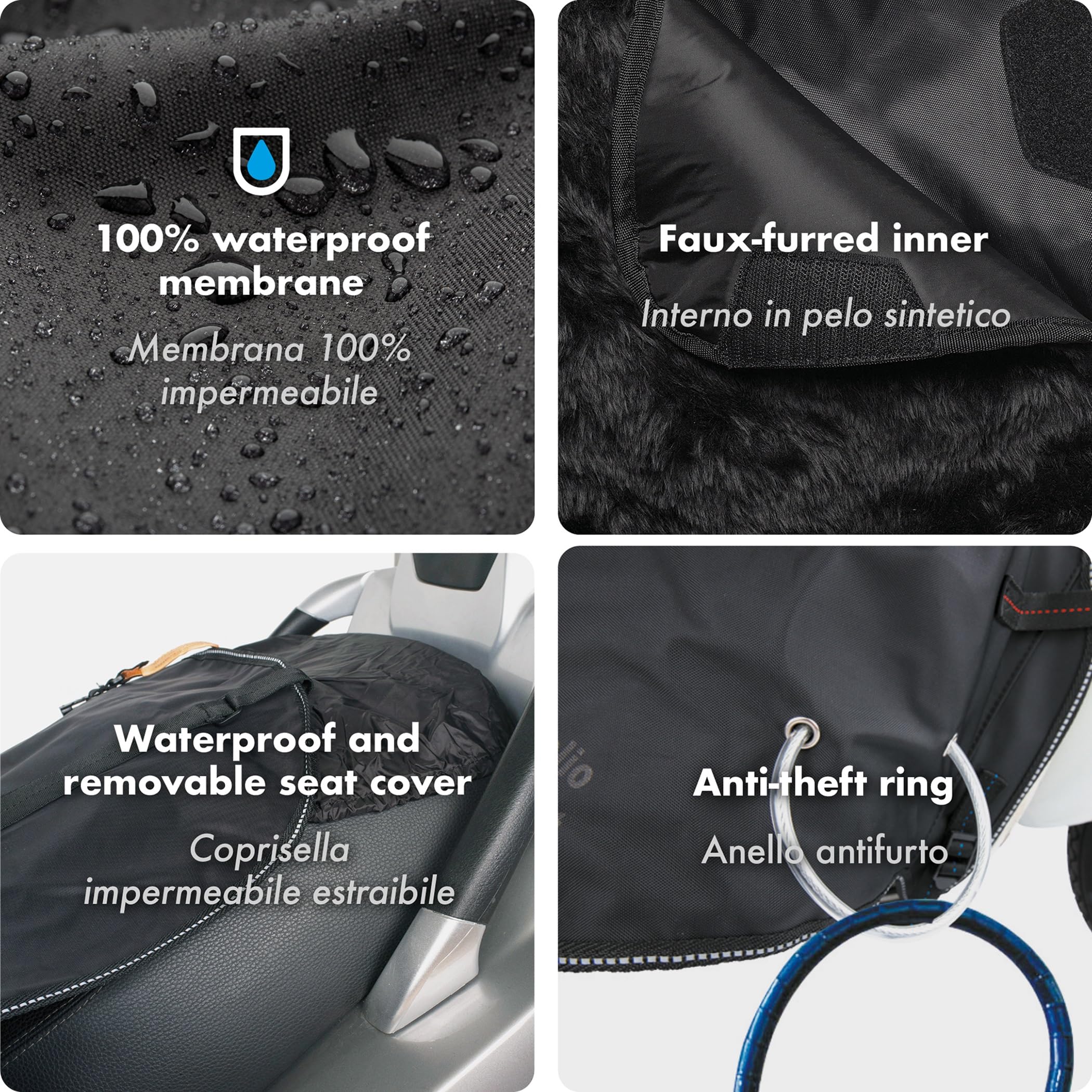 Tucano Urbano coprigambe per scooter Termoscud® R019. L'originale termoscudo scooter con brevetto anti sventolio S.G.A.S. Costruzione triplo strato HYDROSCUD a tenuta stagna. Termico. Certificato CE