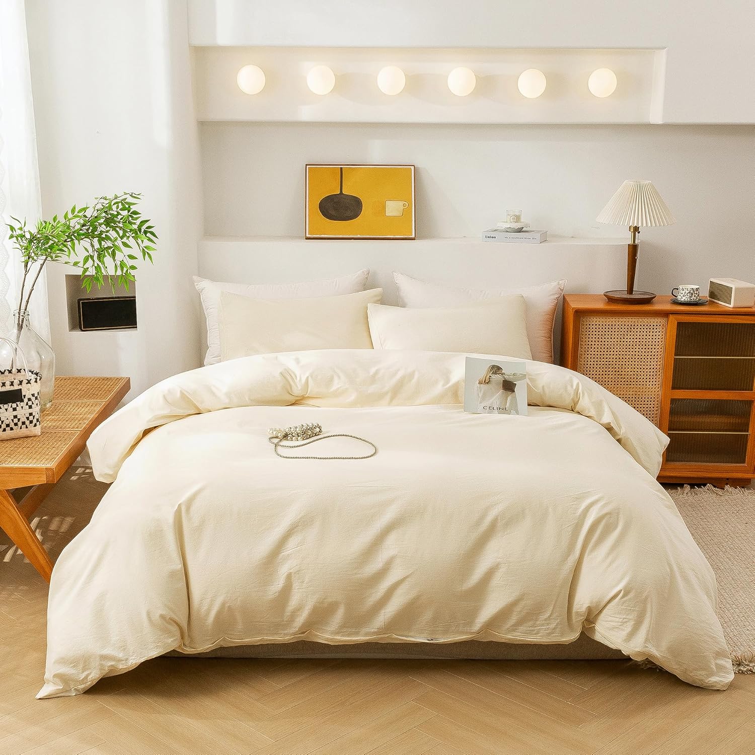 ECOCOTT Duvet Cover Queen Size - 3 Piece 100% Washed Cotton Bedding Set, Soft and Breathable with Zipper Closure & 8 Corner Ties - Comfortable and Stylish for All Seasons (Cream)