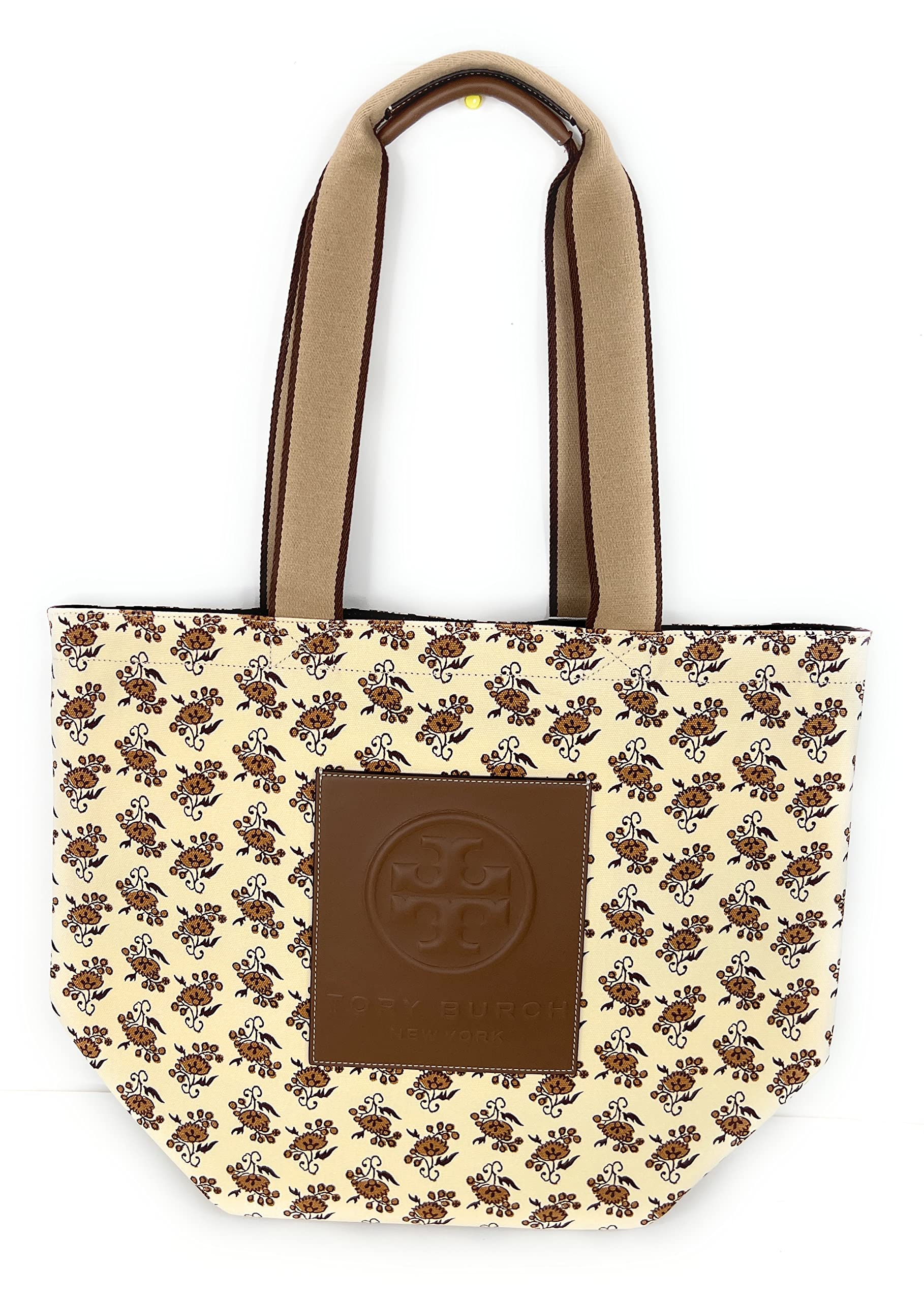 Tory Burch Ella Reversible Printed Market Tote Handbag Curly Ditsy Canvas Leather