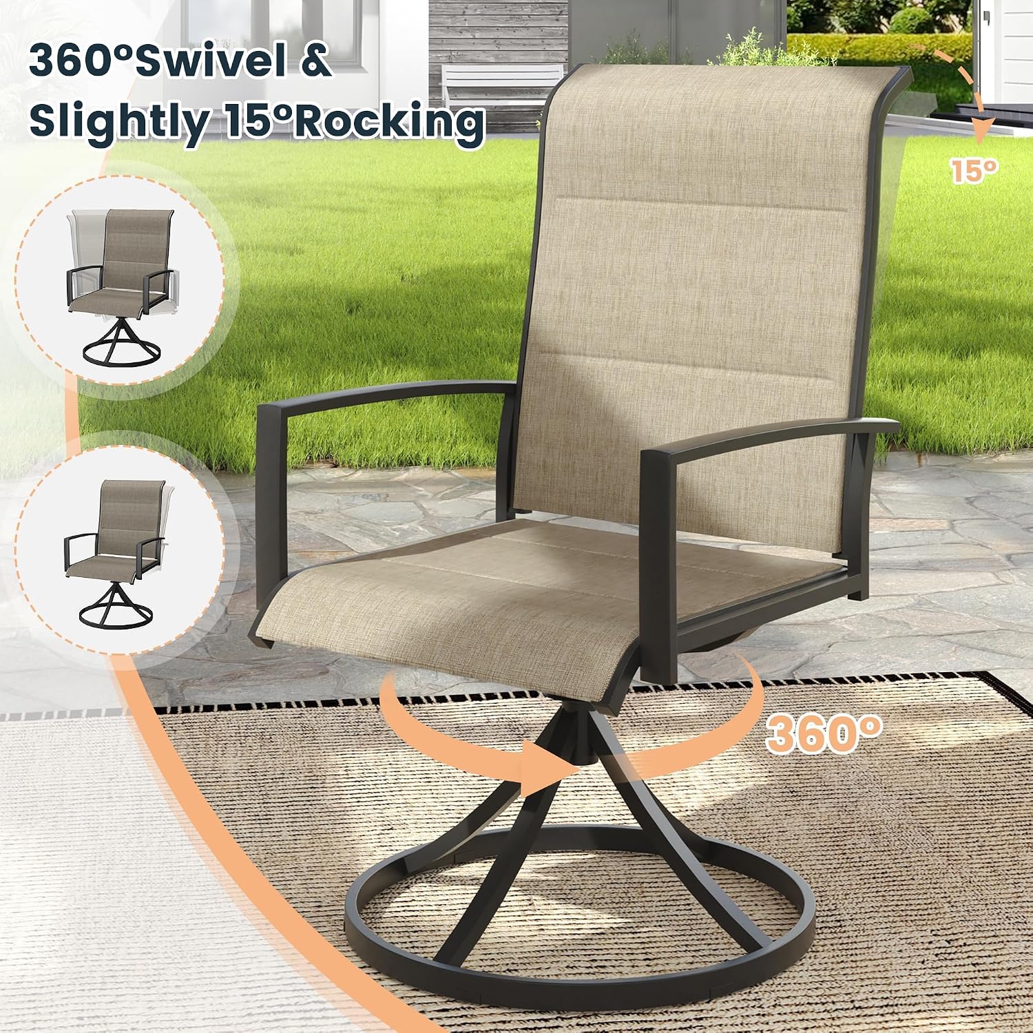 VICLLAX Patio Swivel Chairs Set of 2, Padded Textilene Fabric Outdoor Dining Chairs with Upgraded Base for Lawn Garden Backyard Deck, Black Frame