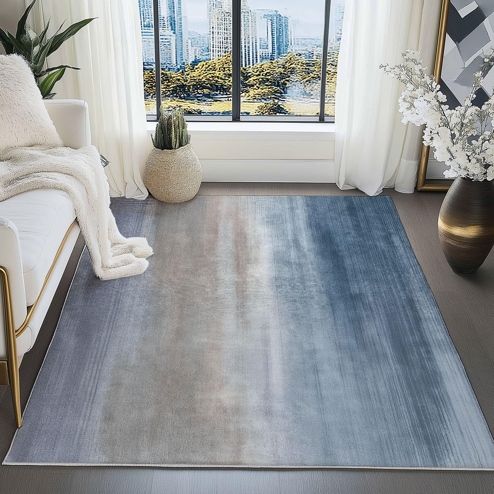 Tapis Salon Lavable en Machine Minimalisme Dégradé Texture 120 x 170 cm Tapis Chambre Pile Courte et Douce Doux Bureau Rectangulaire Intérieur Extérieur Dessous Antidérapant, Bleu Gris