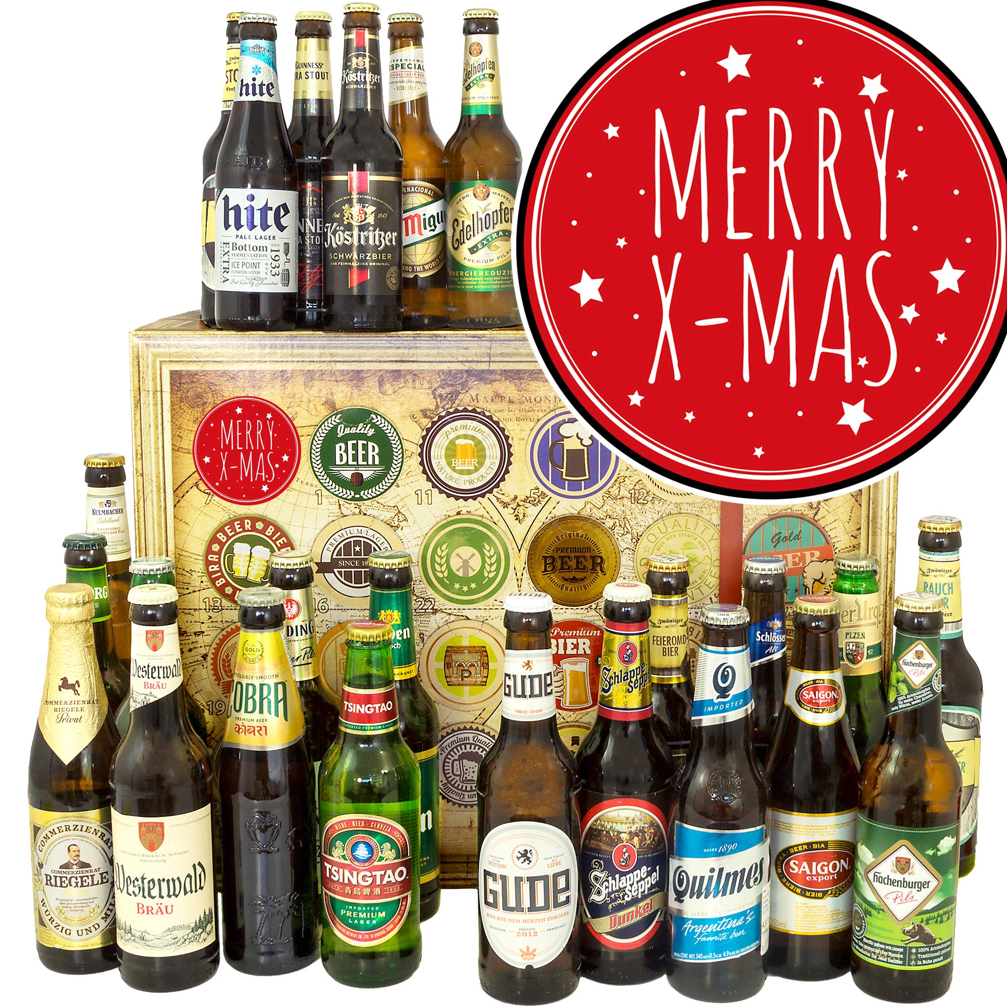 Merry X-Mas Bieradventskalender 2025 – 24 internationale Biere mit Bierbuch – Liebevolles Geschenk für Männer zum Advent – Tasting Box mit Verpackung zum Staunen 2026