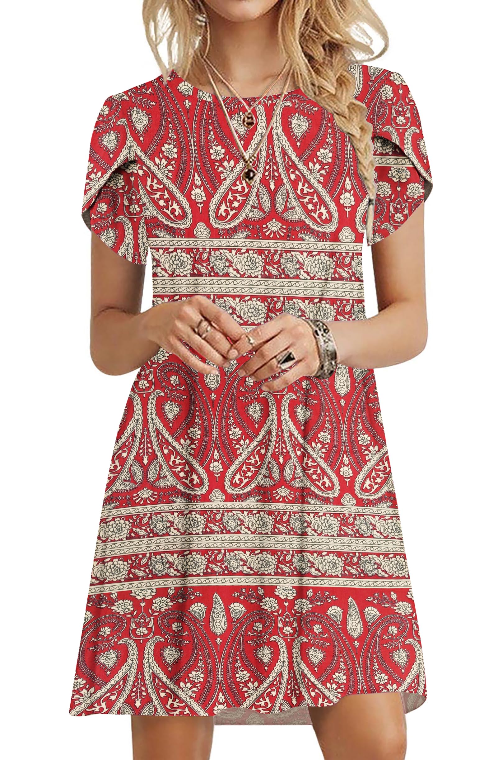 PLOKNRD Sommerkleid Damen Blütenblatt Ärmel T-Shirt Kleid Rundhals Blumenmuster Freizeitkleid Leicht und Luftig mit Taschen