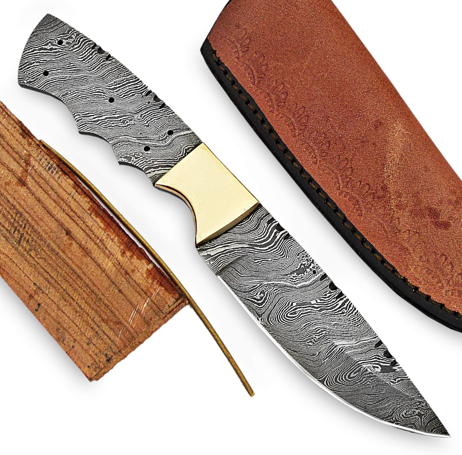 ColdLand 9.50" Hand Forged Damascus Steel Knife Blank Blade with Brass Knife Kit with Wood Handle Scales, Brass Pins and Stitched Leather Sheath UK08