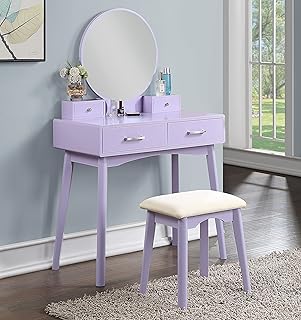 Luna Beauty Makeup Vanity Set with Large Round Mirror & Thick Cushioned Stool, Purple