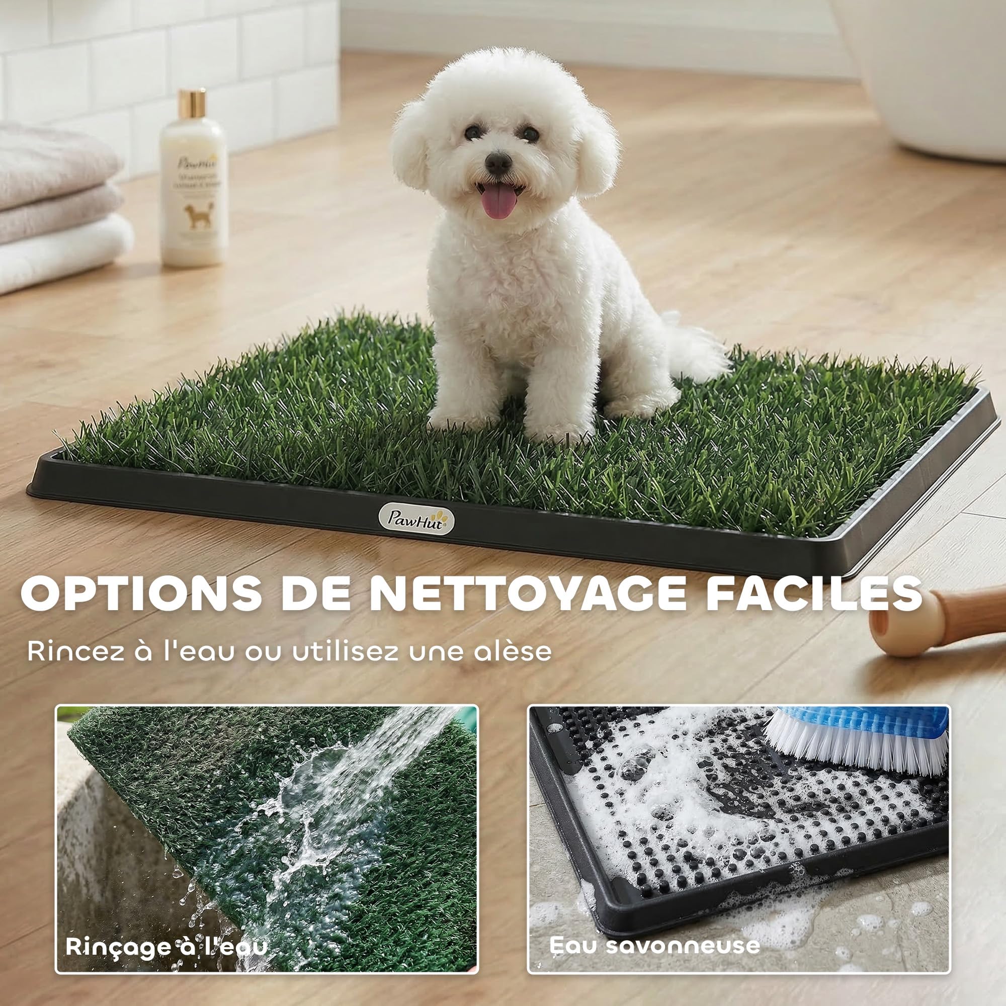 PawHut Toilette pour Chien avec 2 Tapis en Gazon Artificiel et Grille de Drainage, Système Lavable 3 Couches, Bac à Litière pour Chien, 63x50,5x3,5cm, Noir
