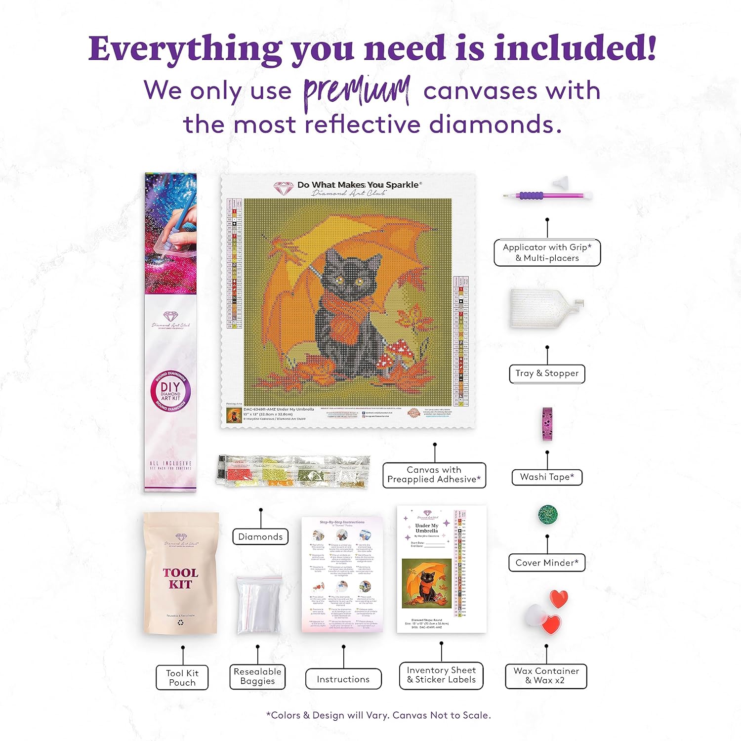 DIAMOND ART CLUB Under My Umbrella - Black Kitty Diamond Painting Kit, Fun DIY Crafts for Adults, Round Diamond Art Canvas, 13" x 13" (32.8 cm x 32.8 cm)