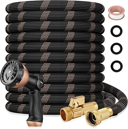 Garden Hose 50ft, 2026 Ultra Lightweight Water Hoses w/10 Function Spray Nozzle and 3/4" Brass Fittings- Durable, & Flexible Water Pipe for Yard, Lawn, Outdoor & Gardening(Black Rose gold)