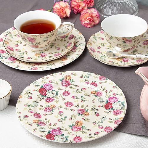 Miniatura 3 de Gracie China by Coastline Imports Cream Rose Chintz All Over - Juego de 4 platos de ensalada de postre, 8 pulgadas, rosa amarillo
