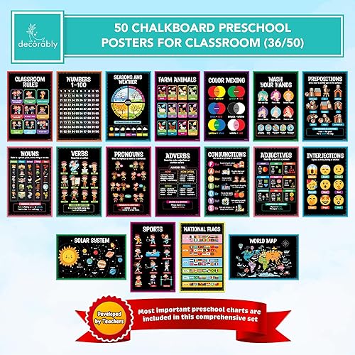 Miniatura 4 de Decorably 50 pósteres preescolares de pizarra para niños pequeños, 11 x 17 pulgadas, laminados mate, carteles de aprendizaje educativo para jardín