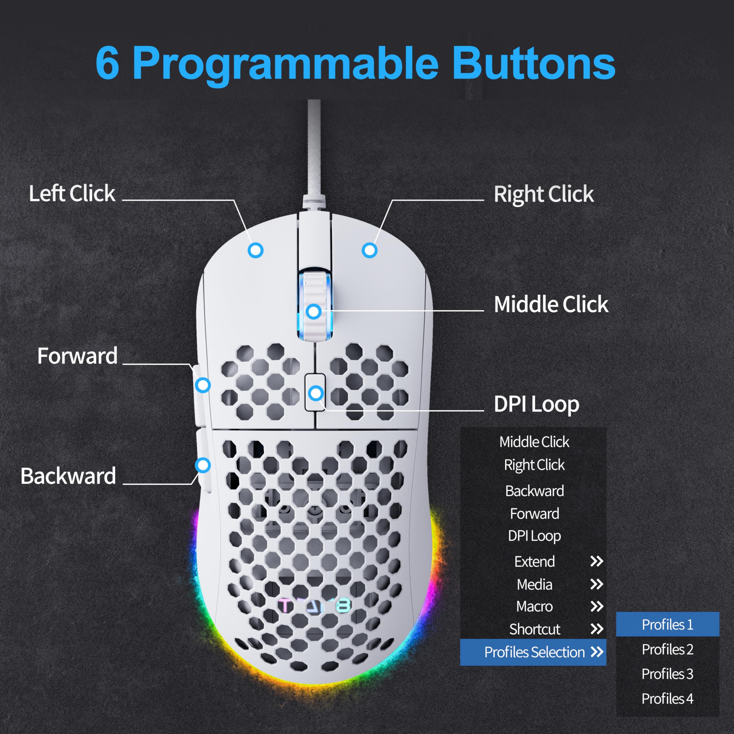 Dierya×TMKB Mouse Gaming,M1SE RGB Mouse con filo,12800 DPI Mouse Ergonomico con 6 Pulsanti Programmabili,Ultra Leggero per PC,Laptop-Bianco