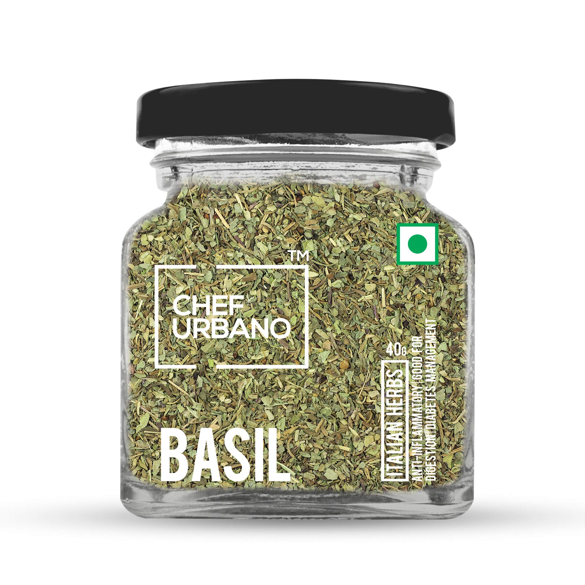 Chef Urbano Basil 40 g | Italian Herbs | Pizza and Pasta Seasoning | Premium Herbs and Spices | Flakes/Leaves | Glass Bottle