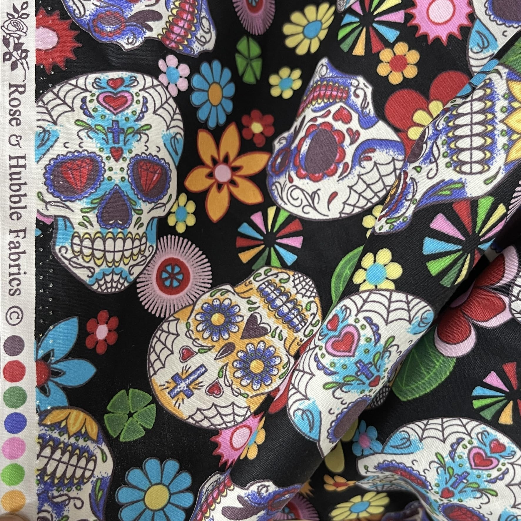 Prestige Fashion Uk Ltd Black Prestige Gothic Bonehead All Over Sugar Skulls Cotton Poplin Rose And Hubble Fabric (Black)
