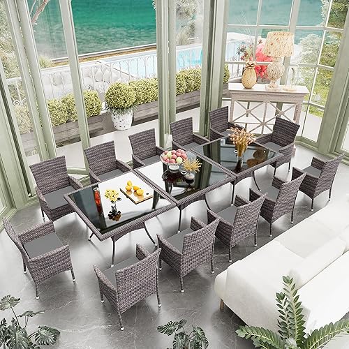 Miniatura 38 de Juego de 10 piezas de comedor para patio al aire libre, mesa de patio y sillas de ratán con agujero para paraguas, juego de mesa de comedor para 8