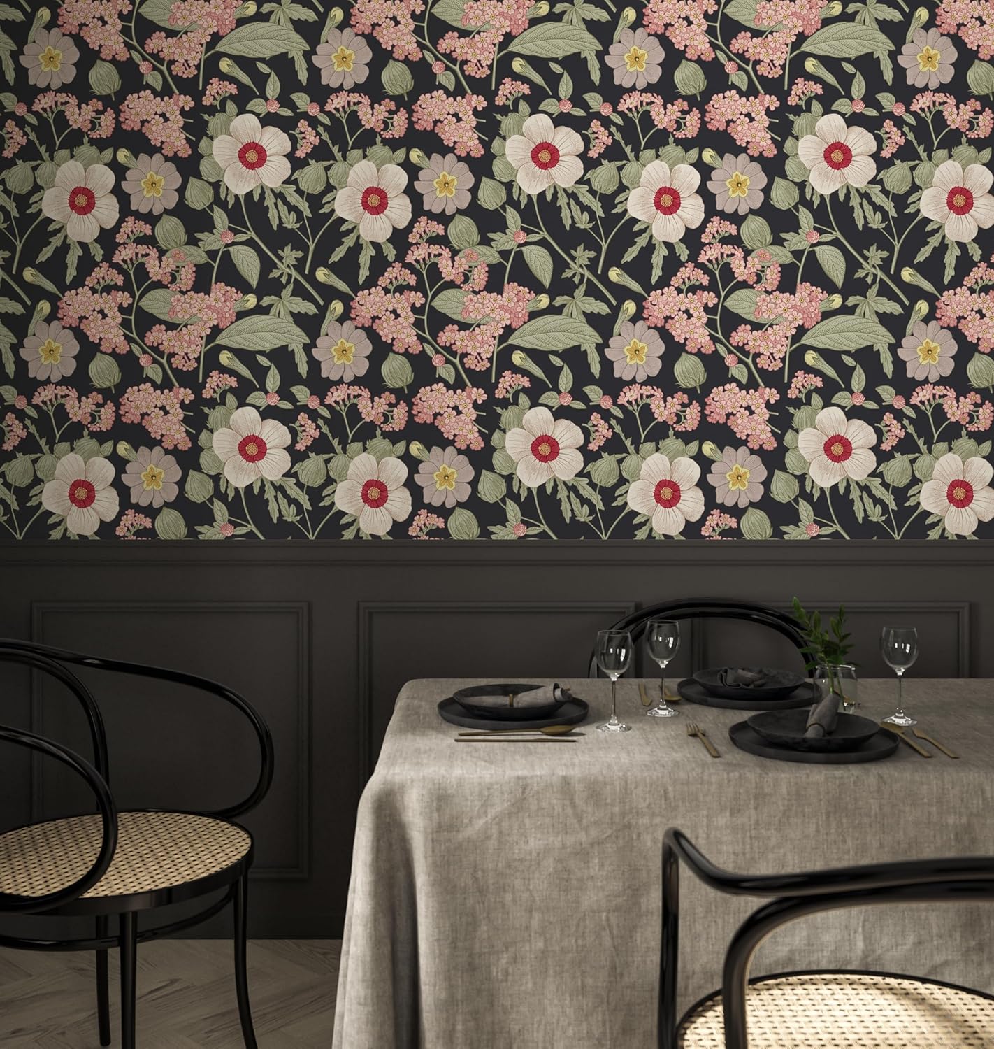 RollsRolla Modern Dark Moody Floral Peel and Stick Wallpaper White and Pink Flowers on Black Removable Wallpaper for Accent Wall Bedroom Living Room Bathroom