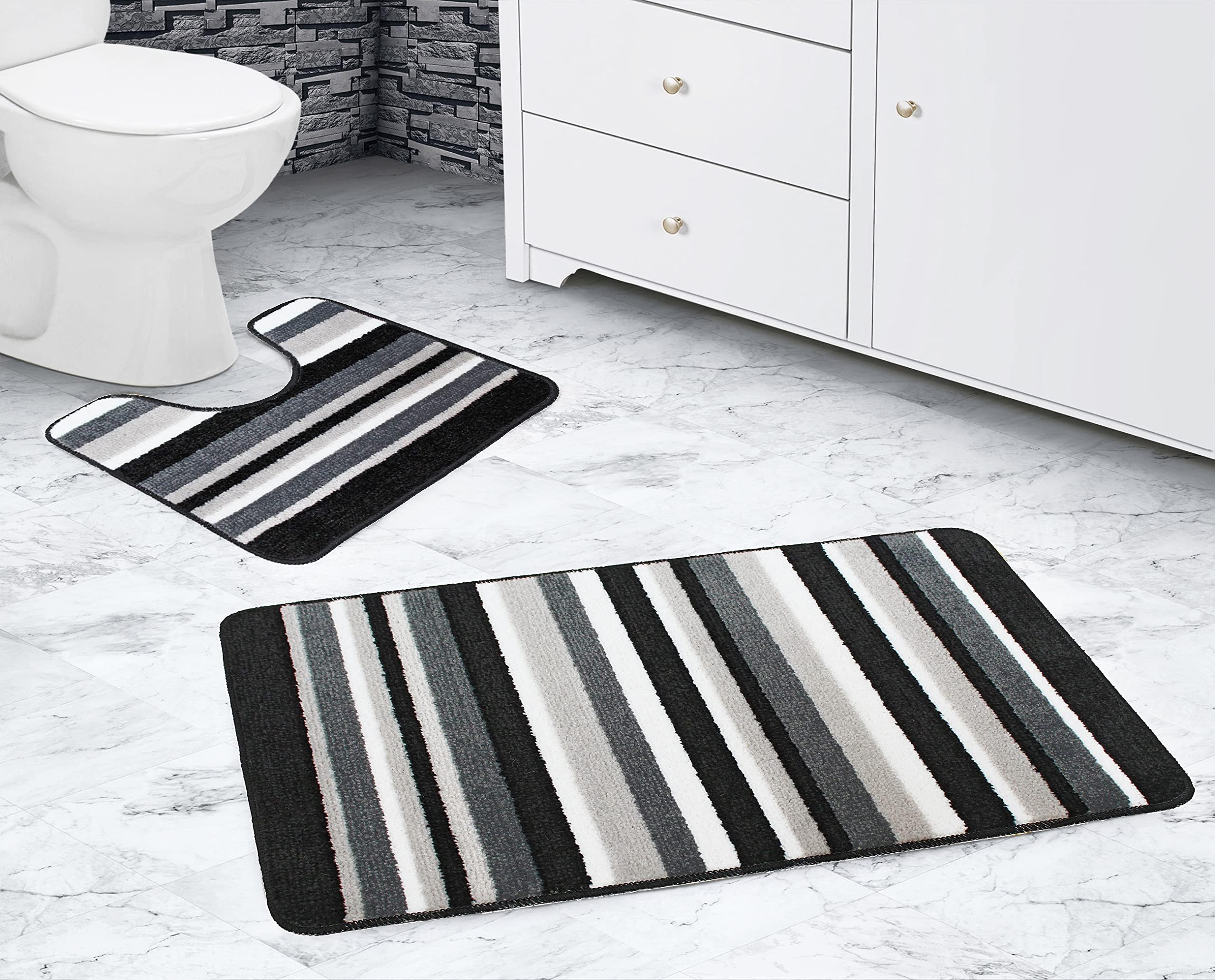 La Maison Bathroom Rug Set 2 Piece Stripe Ombre Gradient Non Slip Bath Mat and Pedestal Mat Quick Dry Shower Bath Super Soft Toilet Mat Black