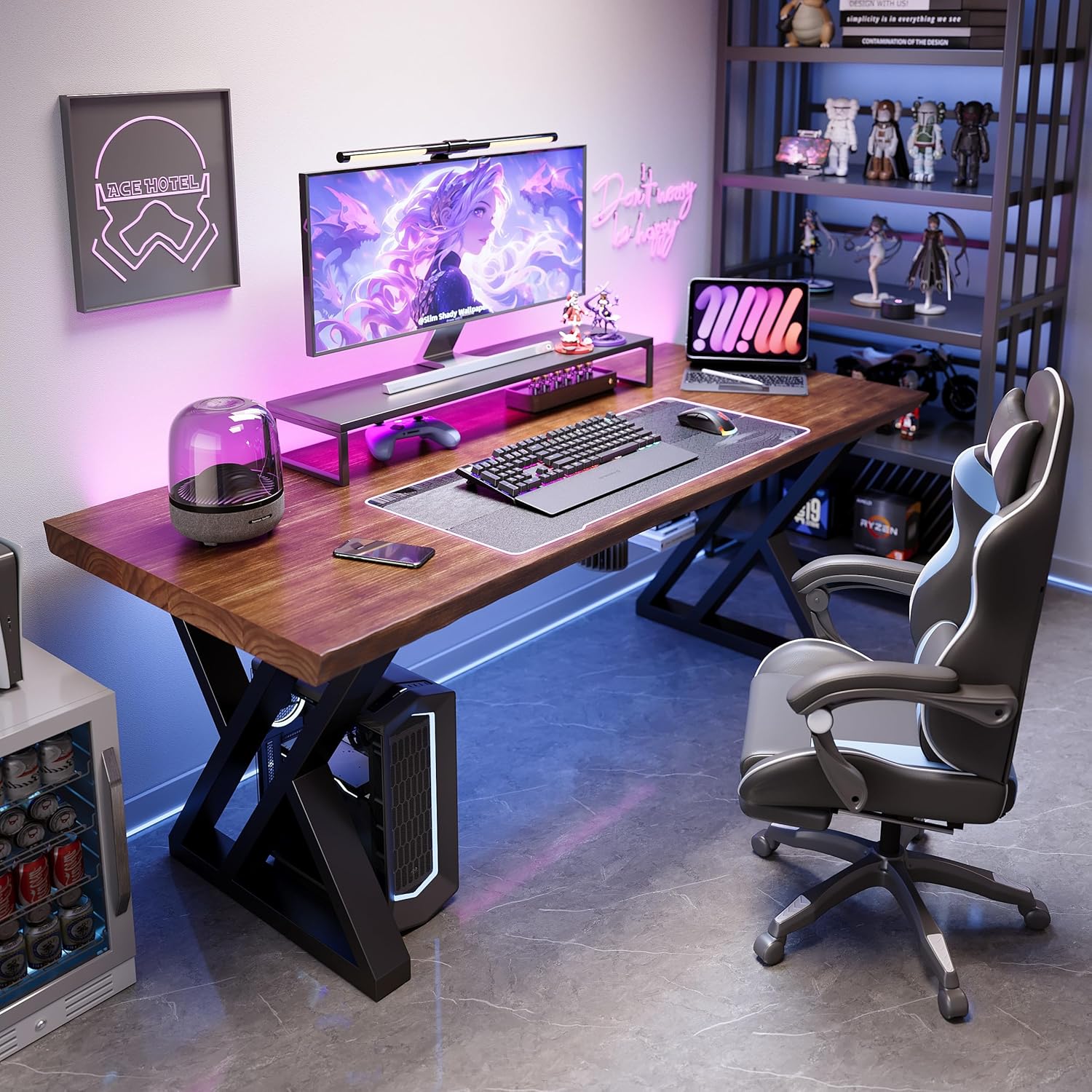 Solid Wood Desk 71 Inches, Live Edge Wooden Home Office Computer Desk Metal Frame Modern Simple Design Executive Real Wood Desk for Writing Study Dining Gaming