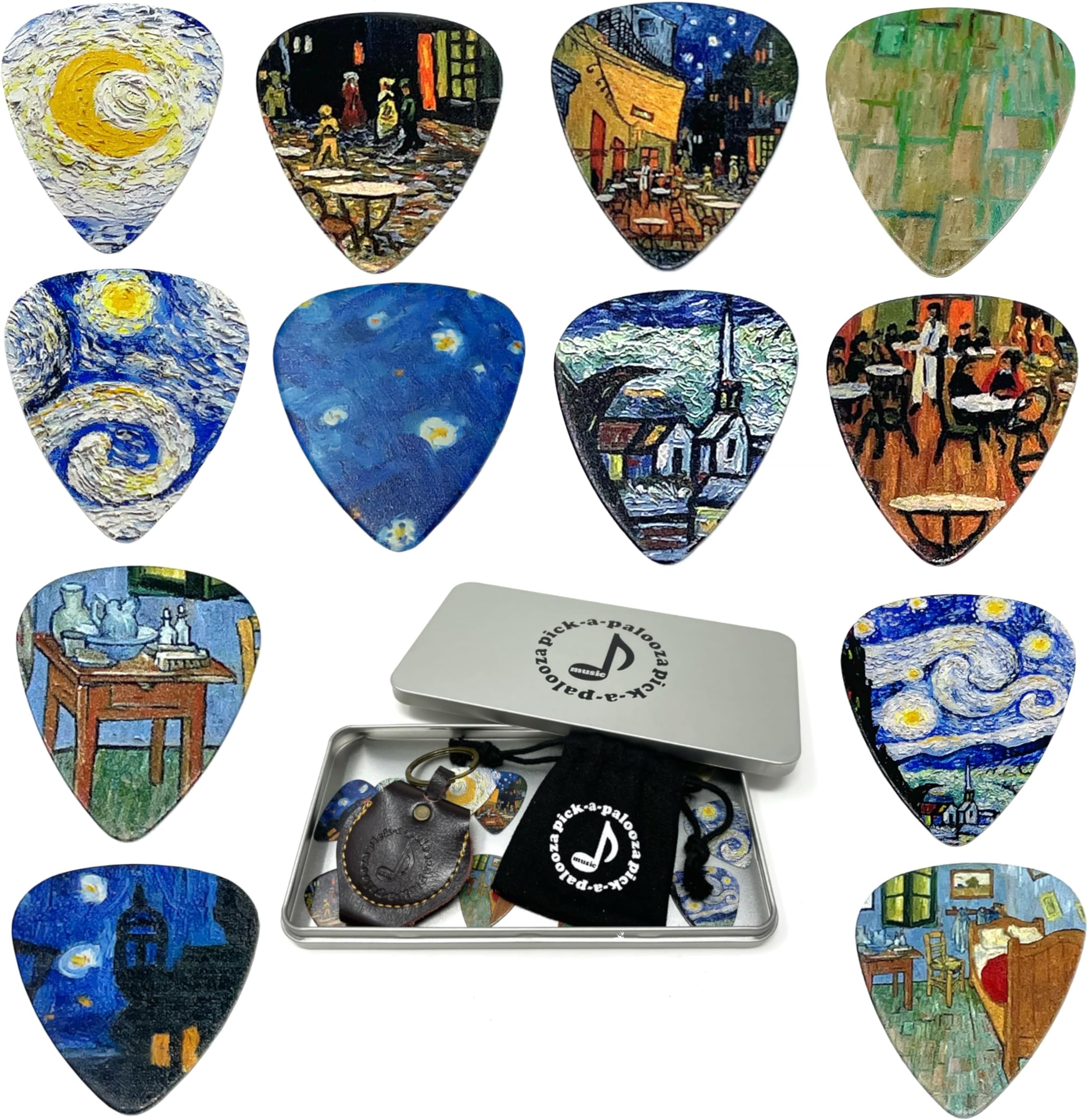 Impressionist Guitar Picks Gift Set For Guitarist - 12 Pack Light/Medium/Heavy, Custom Collectible Tin, Leather Pick Holder, Custom Drawstring Carry Bag