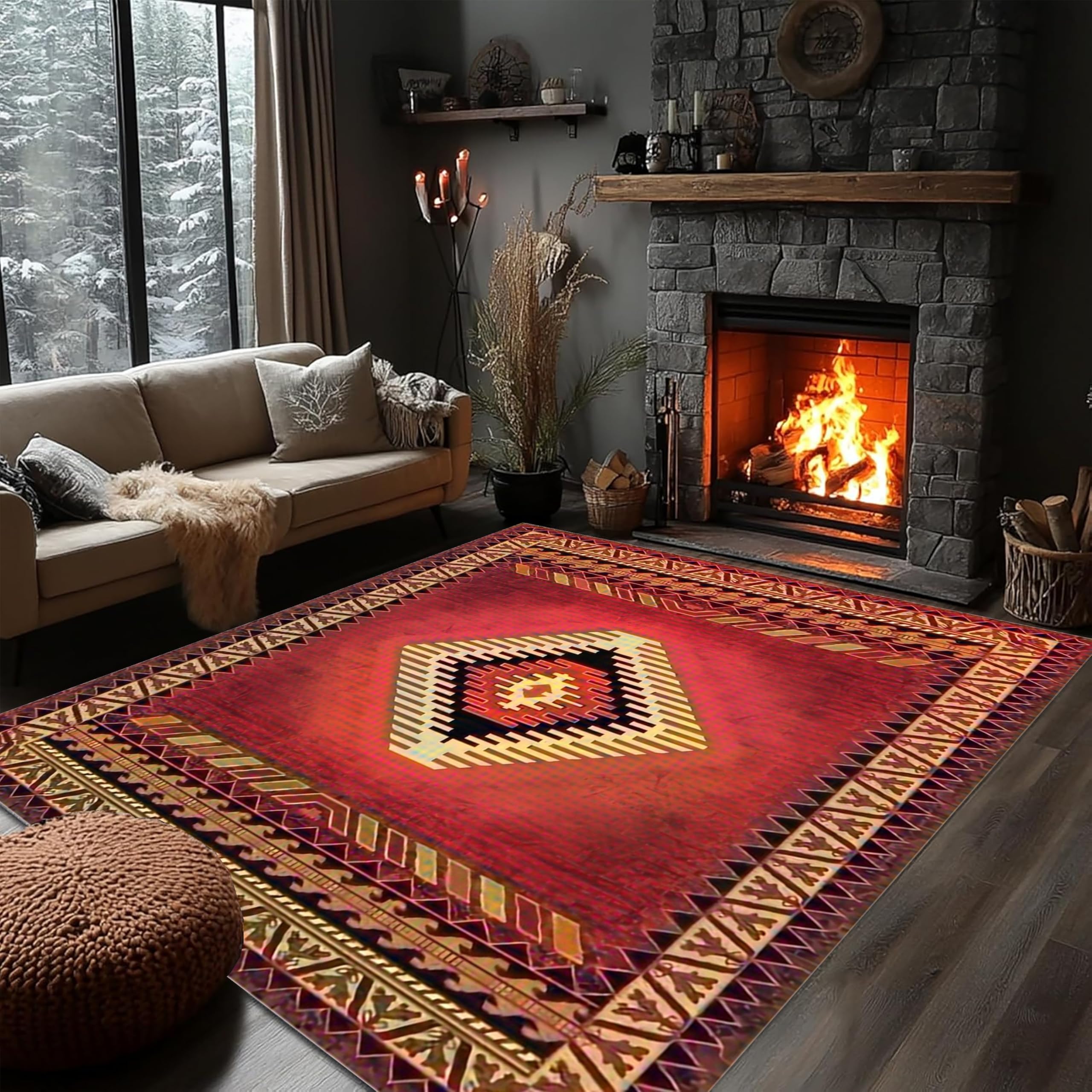 PDENZG Southwestern Tribal Large Living Room Rugs，Western Aztec Native American Indie Rug，Indoor Non-Slip Machine Washable Moroccan Rug， for Bedroom, Living Room,Western Home Decor
