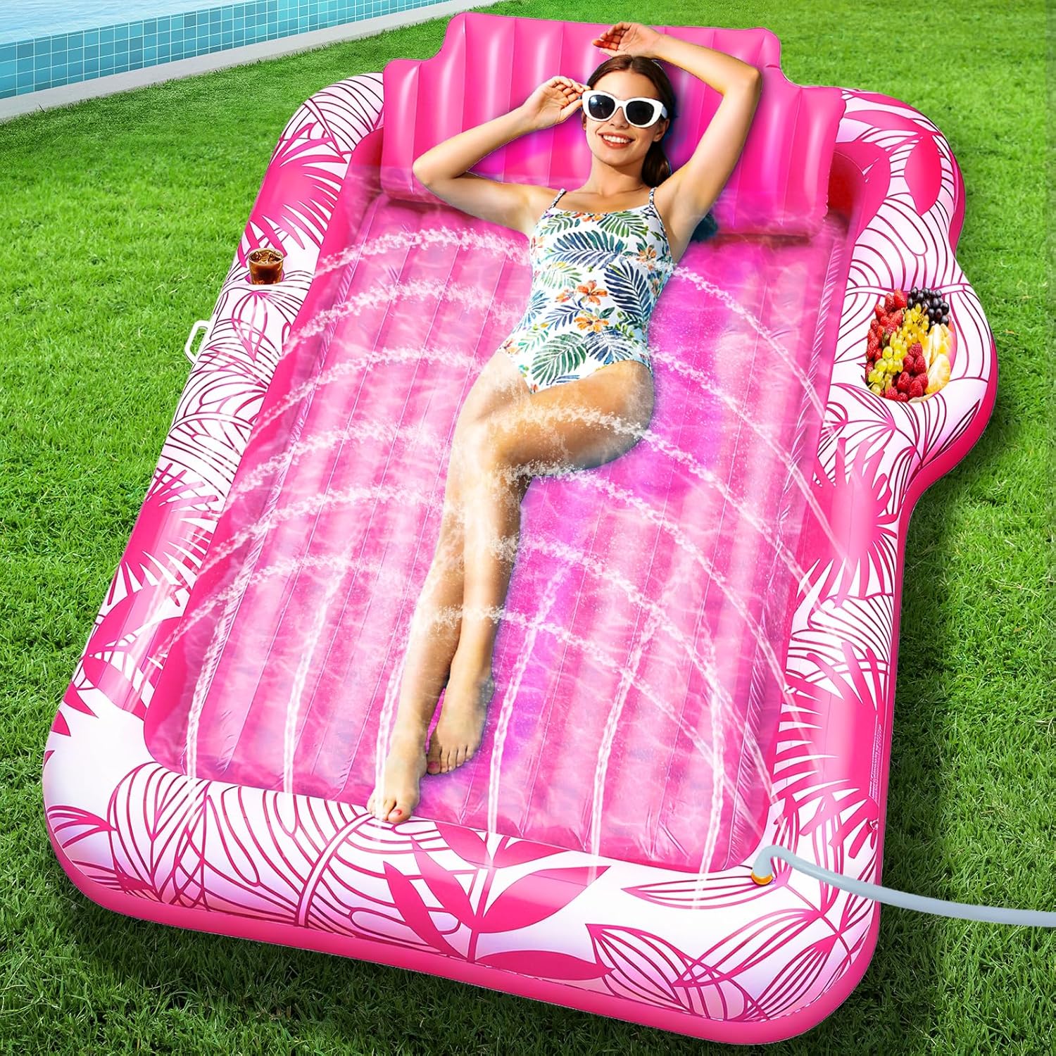 TURNMEON Inflatable Tanning Pool Lounger Float with Sprinkler, 78"x50" Large 2-Person Pool Float Adults with Backrest Cup & Food Holder Blow Up Tanning Bed for Summer Pool Beach Party (Pink/Blue)
