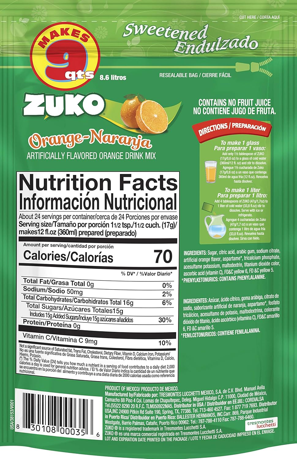 Zuko Orange Instant Powder Drink Family Pack, 14.1 oz, Pack of 6