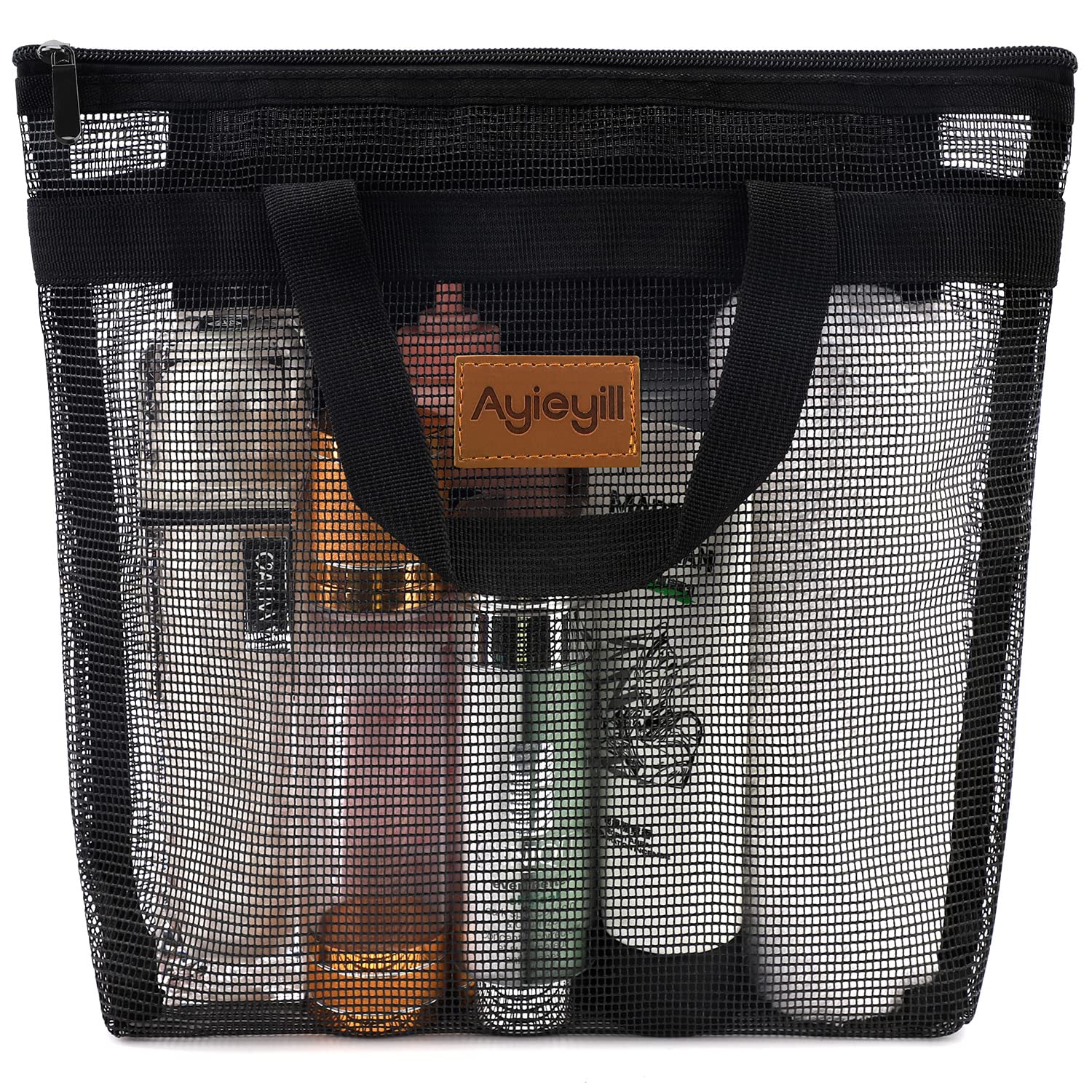 Ayieyill Shower Caddy Portable, Mesh Shower Caddy Tote Bag Quick Dry Hanging Toiletry and Bath Organizer for College Dorm, Gym, Beach, Travel or Camping with Zipper (A-Black)