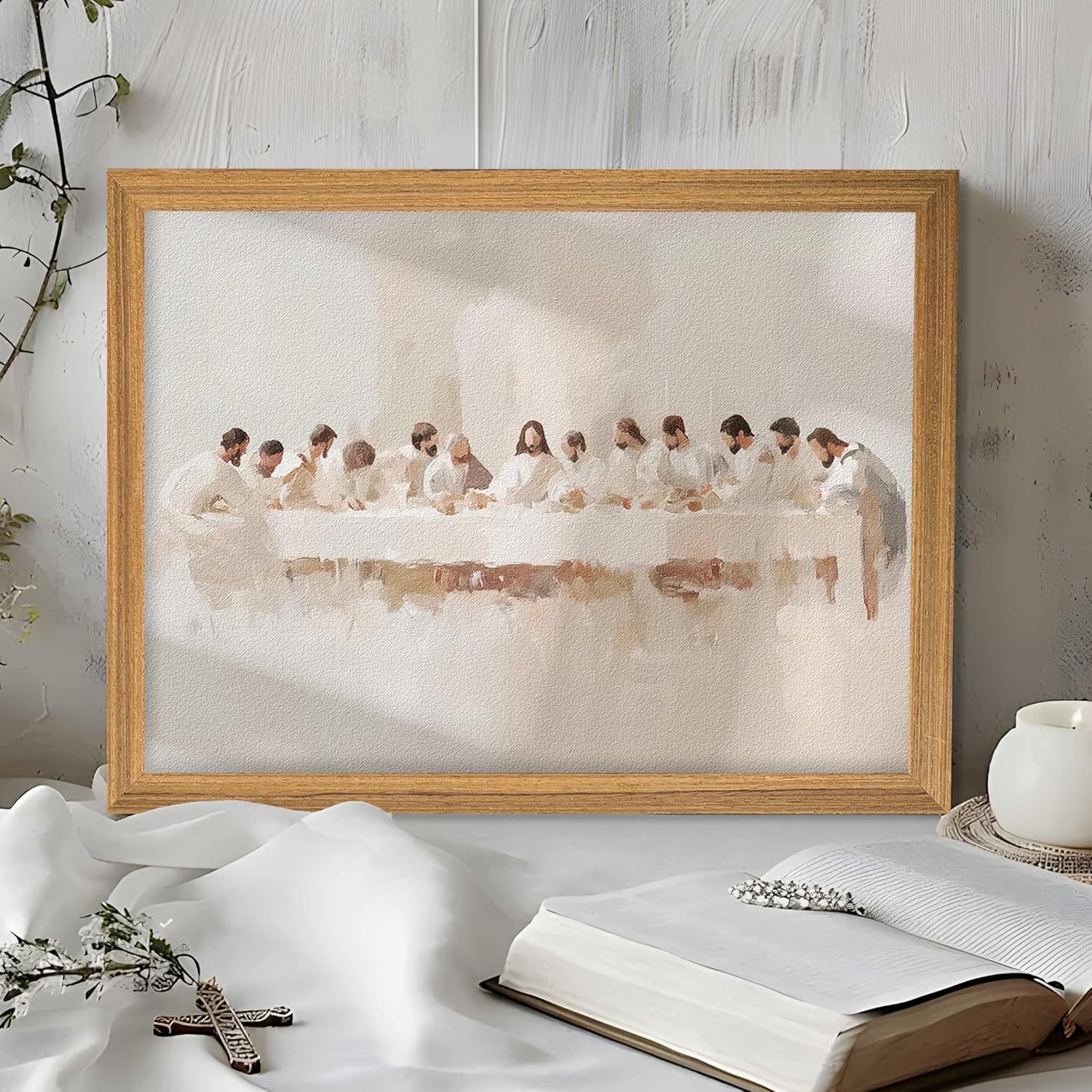 Framed 3D Textured Jesus The Last Supper Wall Art, Hand Drawn Sandstone Christian Wall Decor Painting, Leonardo da Vinci Jesus Religious Artwork Picture for Living Room Dining Room 12x16 Inch