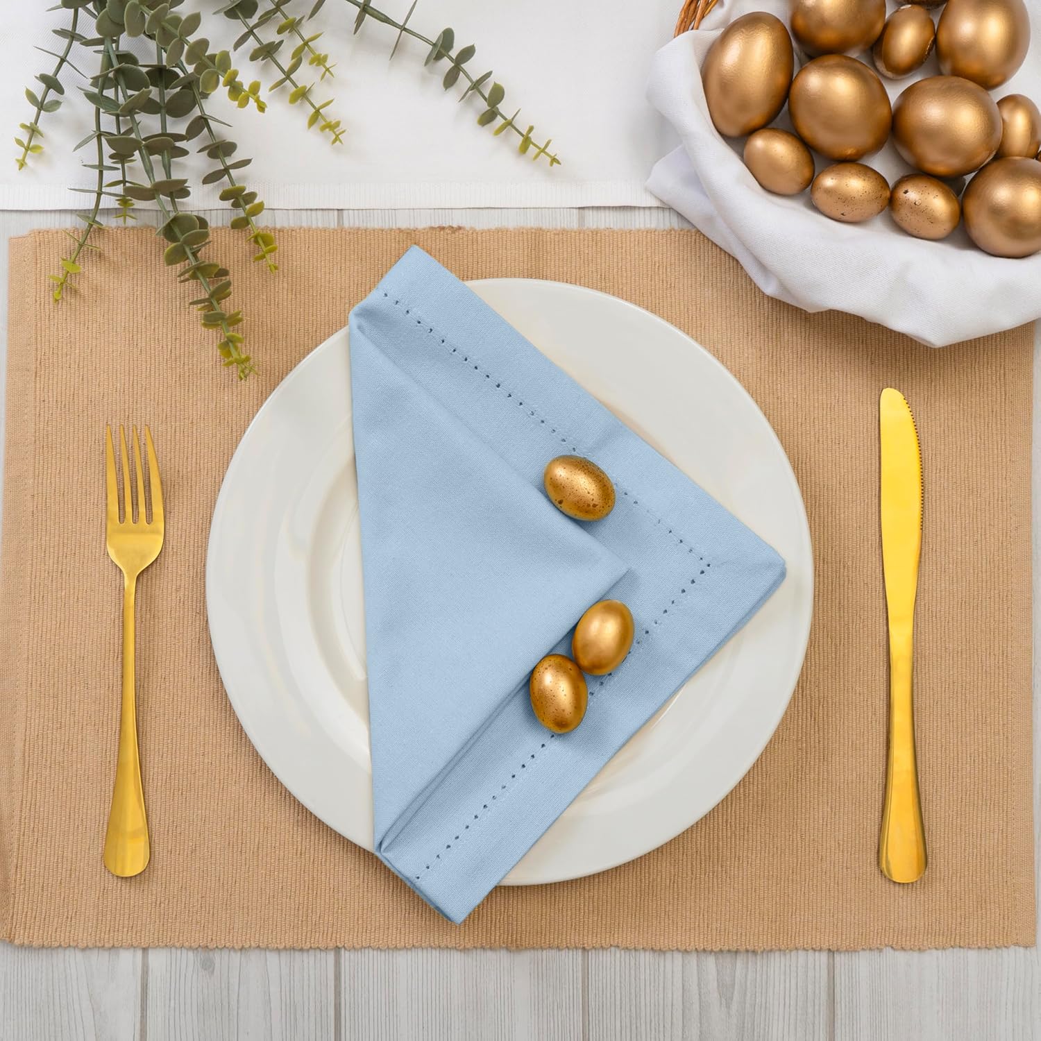Blue Needles Set of 12 Hemstitch Linen Napkins 100% Cotton Ice Blue Cloth Dinner Napkins 18x18 inches - Spring Summer Easter - Soft, Reusable, Absorbent, Washable, Ideal for Parties & Everyday Use