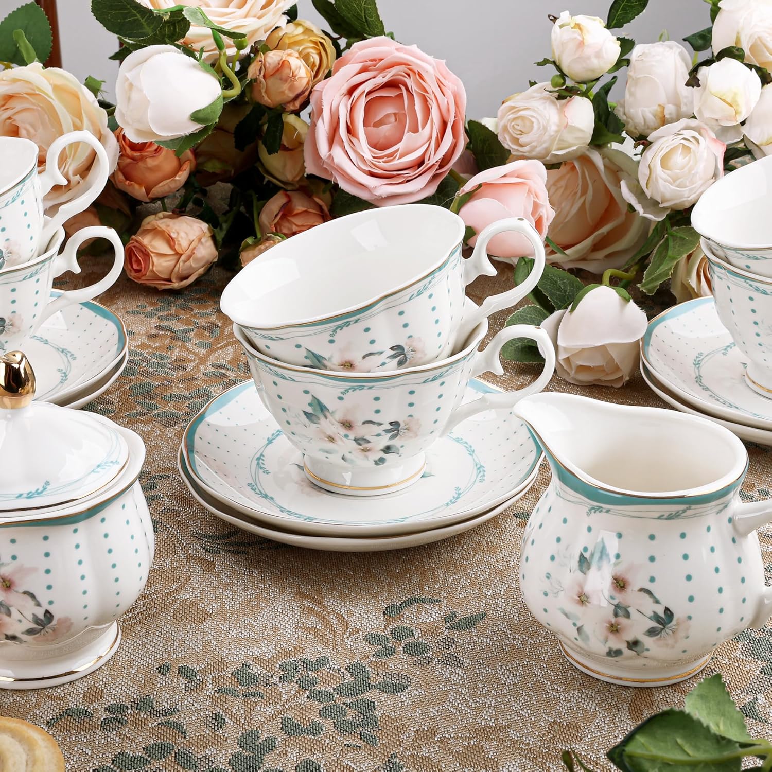 fanquare 21 Pieces Royal Style Porcelain Tea Set with Gold Trim, Vintage White Camellia Polka Dots Tea Sets, 6 Teacup and Saucers for Party Home Wedding - Image 2