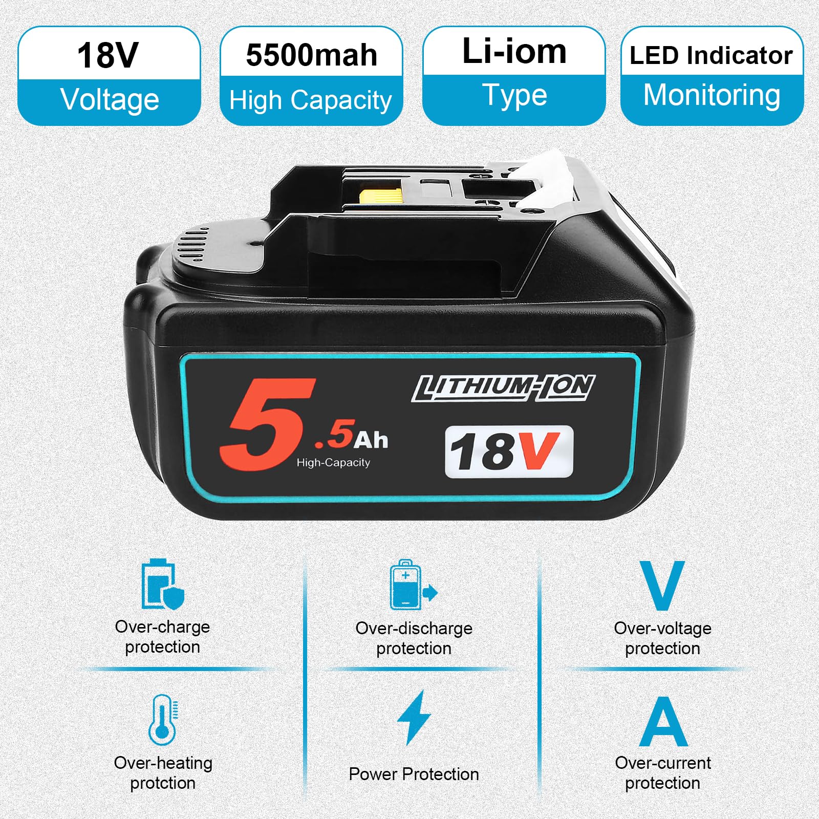 QUPERR Lot de 2 batteries de rechange 5500 mAh pour Makita 18 V - Haute capacité - Compatible avec batterie Makita Lithium-Ion LXT - Compatible avec les outils sans fil BL1850 BL1850B BL1840 BL1830