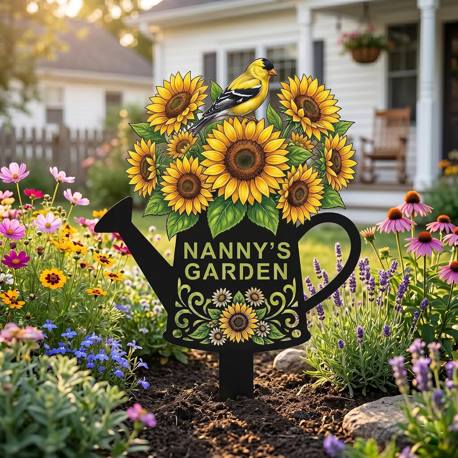 Personalized Watering Can Garden Stake Custom Name Sunflower Goldfinch Metal Outdoor Yard Art, Custom Grandma Nanny Gift for Gardeners Housewarming Birthday, Patio Lawn Flower Bed Décor