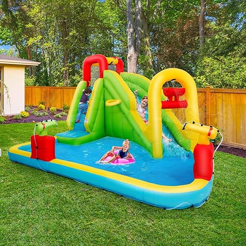 Miniatura 2 de HONEY JOY Toboganes acuáticos inflables, castillo inflable 7 en 1 para niños con pared de escalada y toboganes largos, piscina grande y 2 cañones de