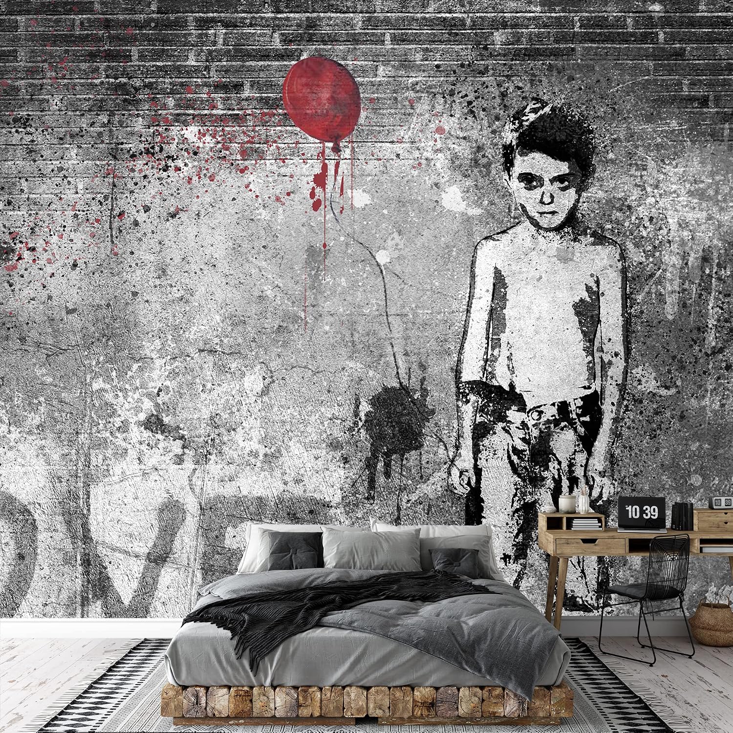 wall26 Removable Wall Sticker/Wall Mural Banksy Boy with Balloon Brick Wall Graffiti & Street Art Cityscape Digital Art Realism Decorative Urban Edgy for Living Room, Bedroom, Office - 66x96 inches