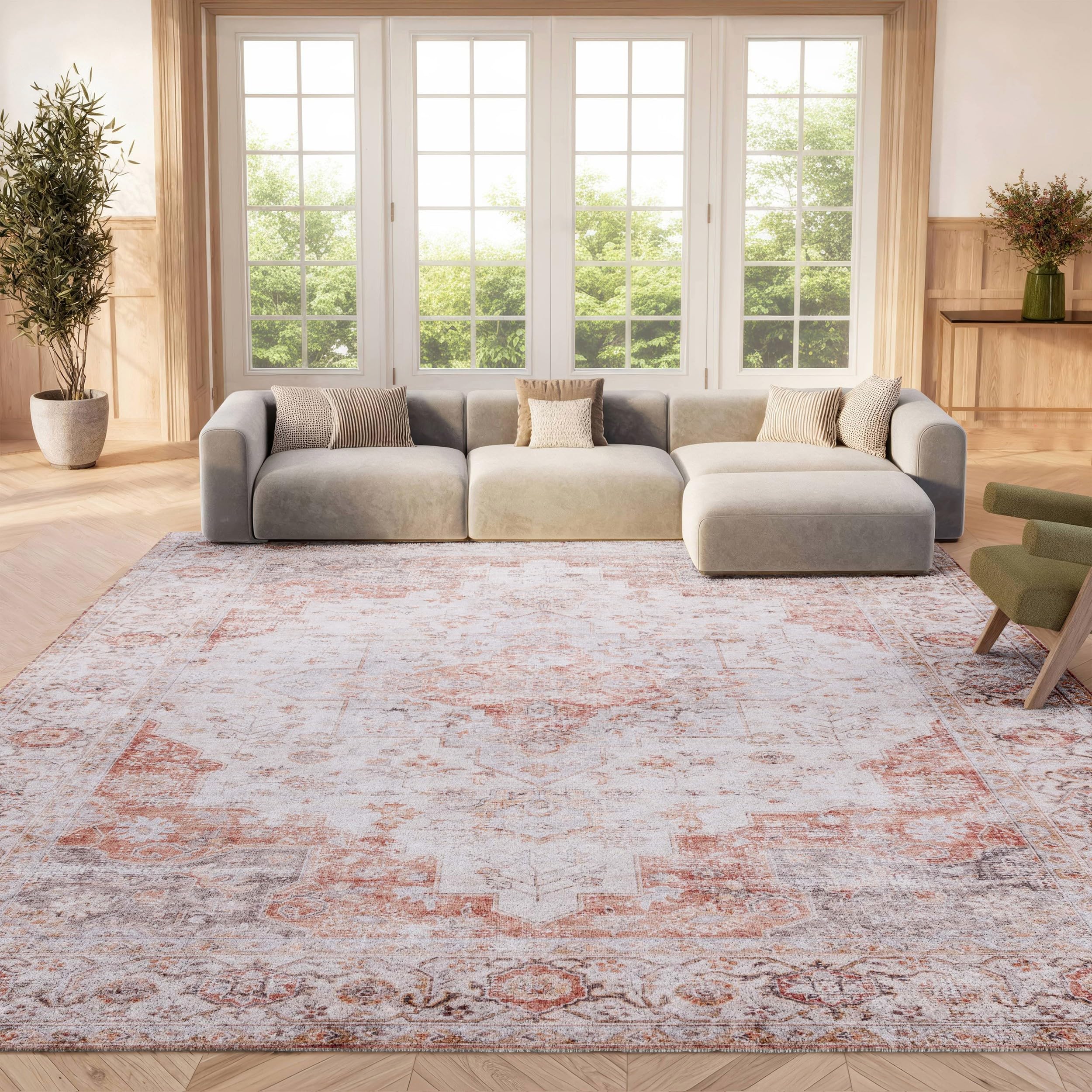 Tapis à poil court Tucson SAFAVIEH idéal grand passage couleur gris et rouille 198x274