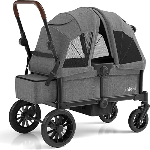 INFANS Wagon Stroller for 2 Kids, Collapsible Adjustable Push Pull Handle Bar, 2 Seater Stroller Wagon with Removable Canopy Snack Tray, Comfortable Drop-Down footwell and Upholstered Seats