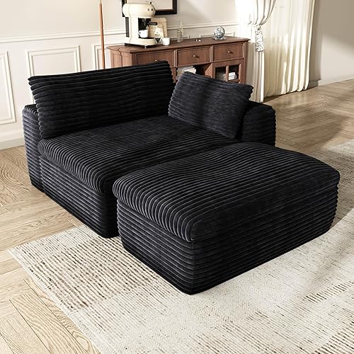 Yomsum 85'' Living Room Sectional Couch with Double Layer Black Plush Corduroy Fabric, 2 Seater Boneless L Shaped Cloud Couch in a Box, No Assembly Modular Sectional Sofa Bed with Ottoman