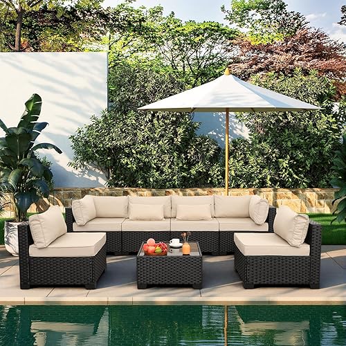 Valita 7 Pieces Outdoor Wicker Furniture Conversation Set Patio Sectional Sofa Set Glass Table with Non-Slip Cushions Furniture Cover, Khaki